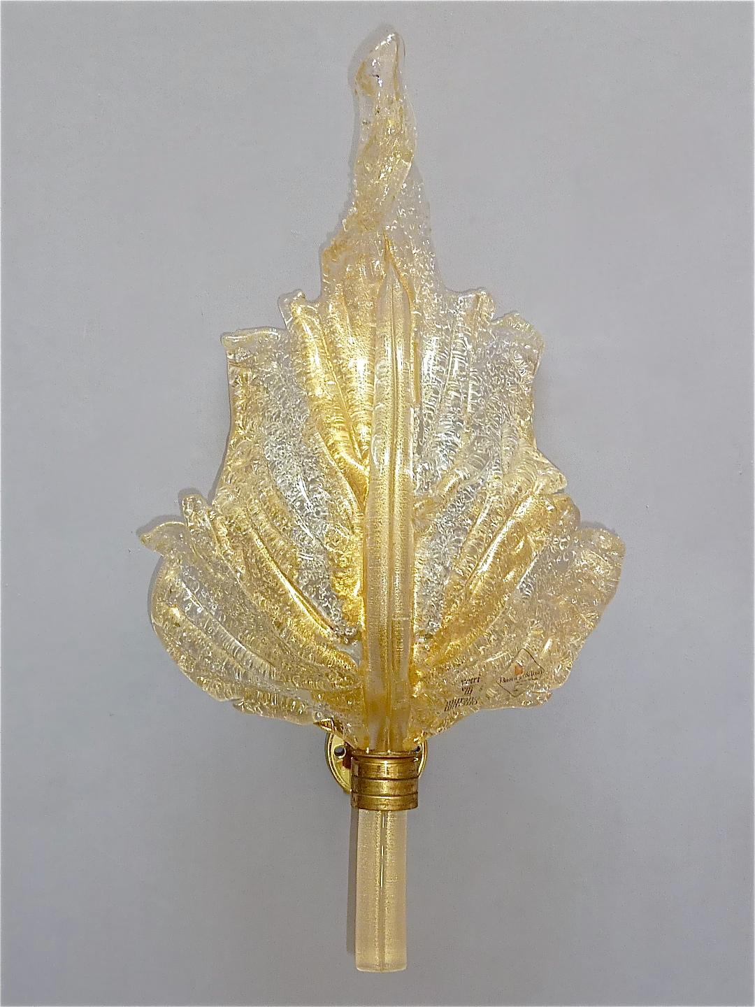 Mid-Century Modern Large Signed Pair Barovier & Toso Leaf Sconces Italian Murano Glass Floral 1970s For Sale