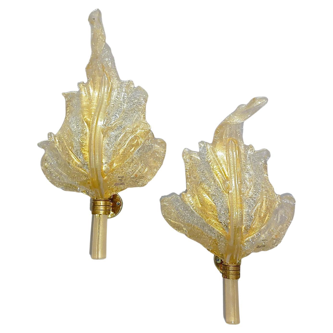 Large Signed Pair Barovier & Toso Leaf Sconces Italian Murano Glass Floral 1970s For Sale