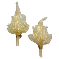 Vintage Large Signed Pair Barovier & Toso Leaf Sconces Italian Murano Glass Floral 1970s