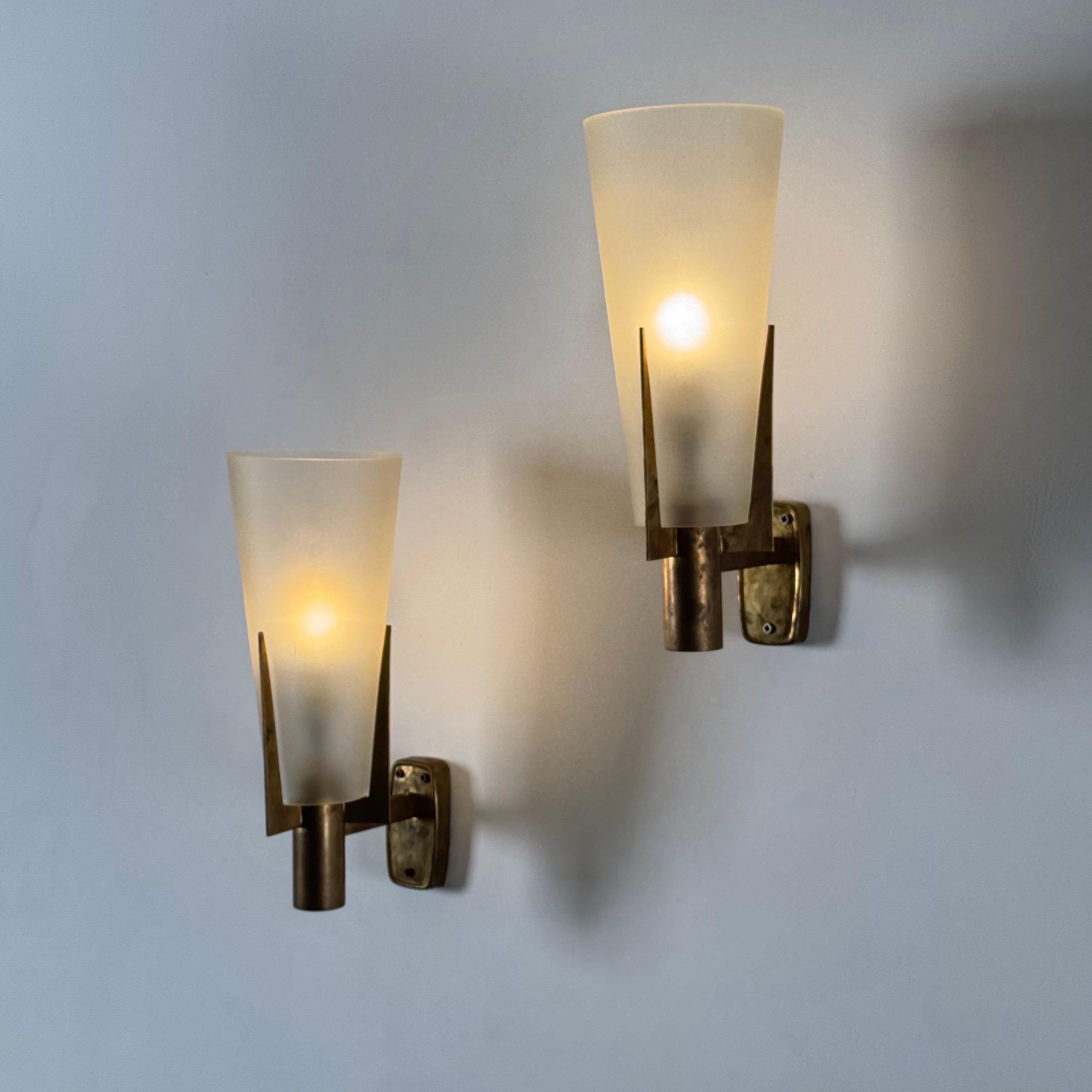 Mid-Century Modern Large Signed Pair of Stilnovo Wall Sconces — Italy, circa 1950s For Sale