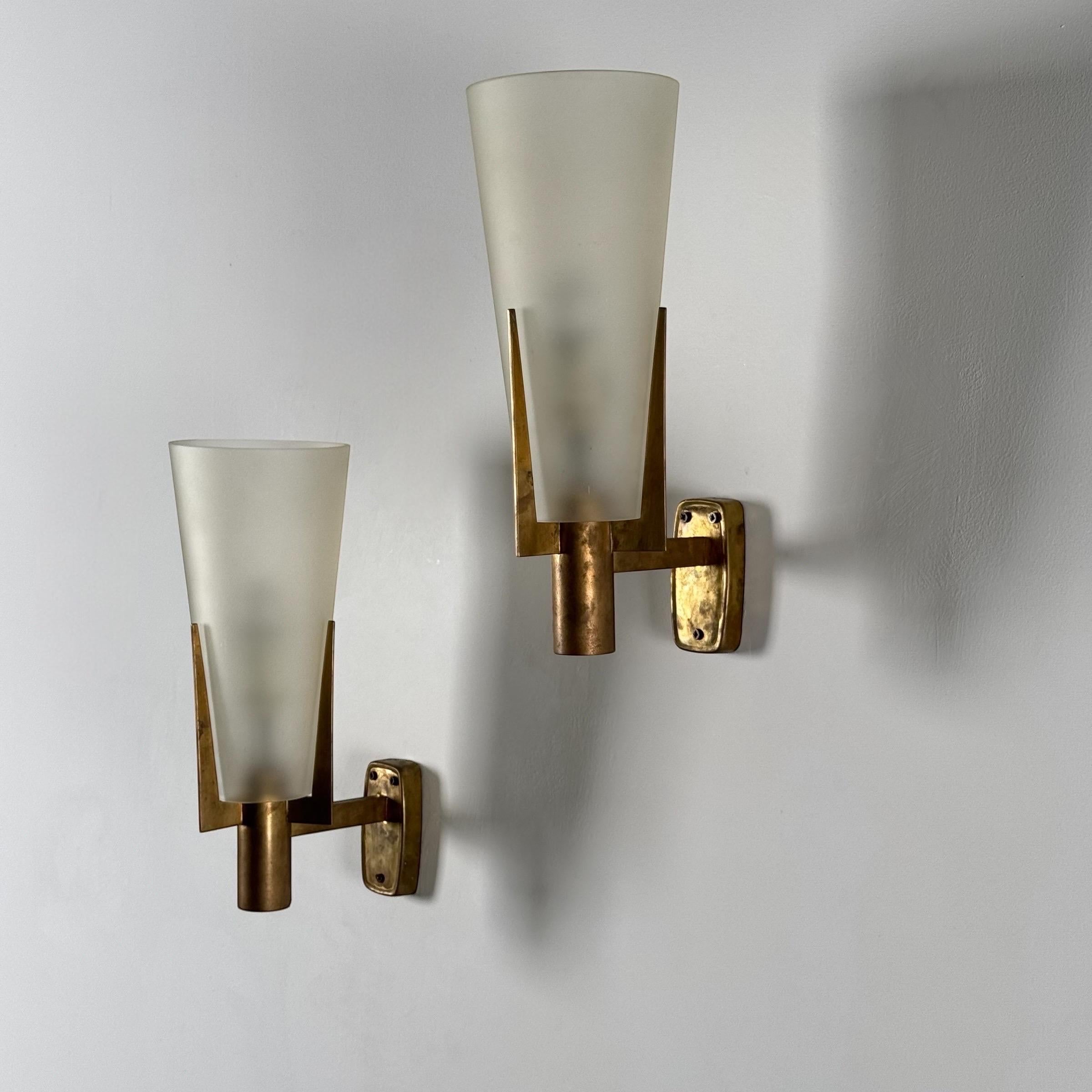 Hand-Crafted Large Signed Pair of Stilnovo Wall Sconces — Italy, circa 1950s For Sale