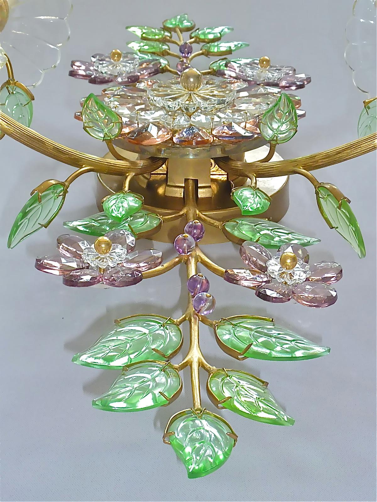 Large Signed Pair Palwa Flower Leaf Sconces Gilt Faceted Crystal Glass Bagues 2