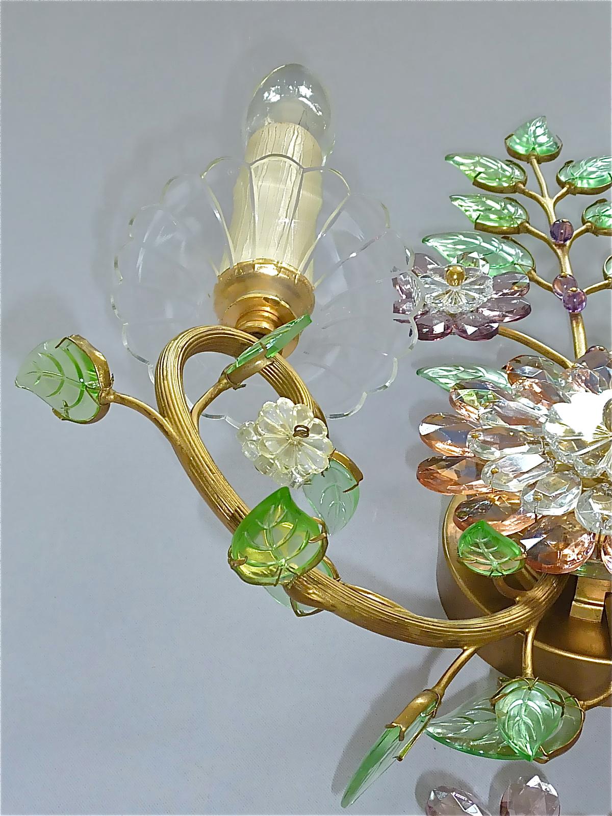 Large Signed Pair Palwa Flower Leaf Sconces Gilt Faceted Crystal Glass Bagues 5