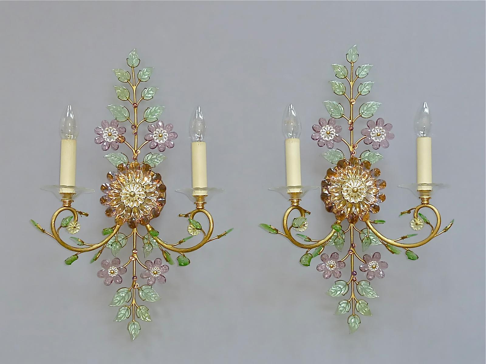 Large Signed Pair Palwa Flower Leaf Sconces Gilt Faceted Crystal Glass Bagues 11