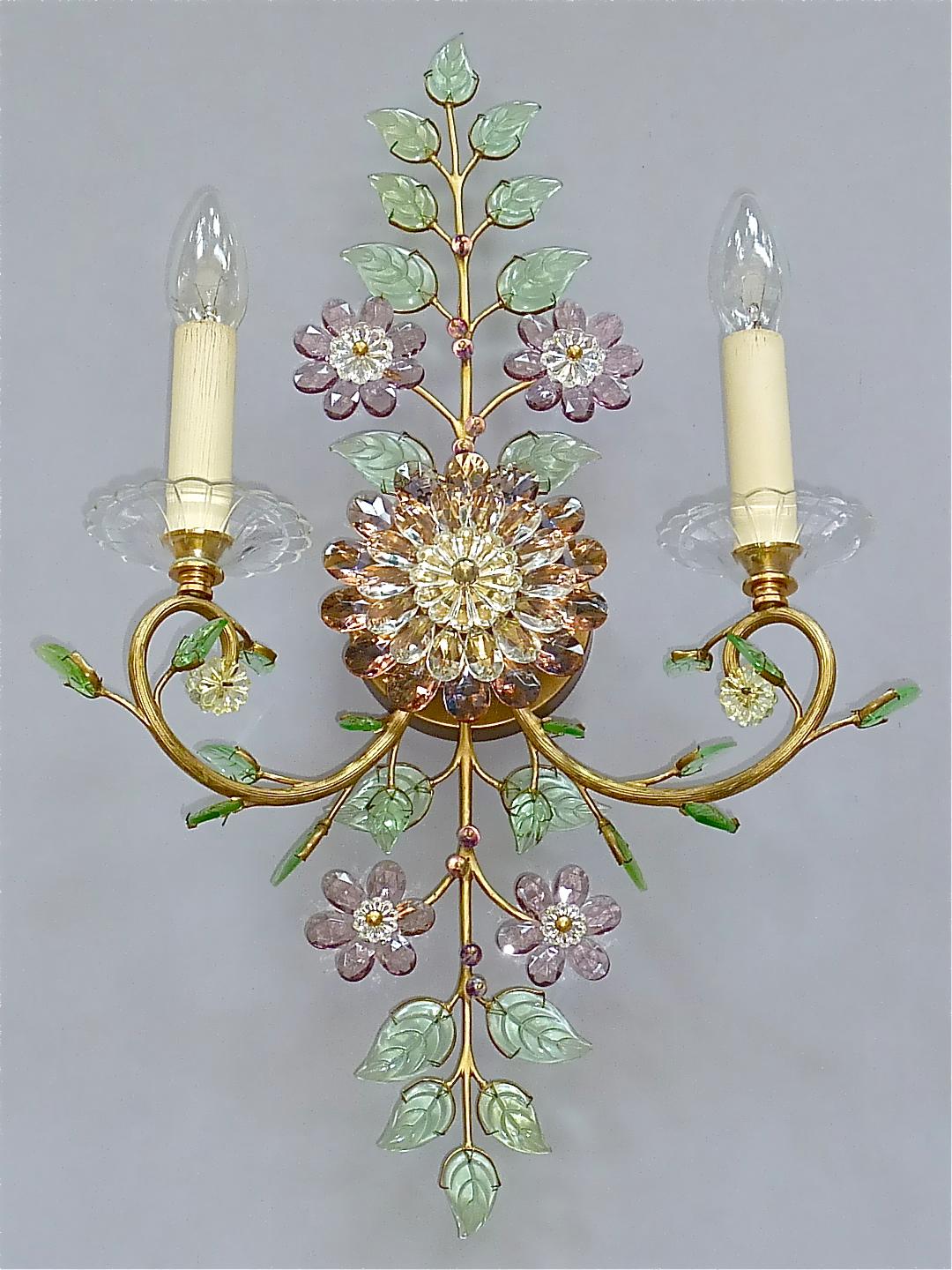 Large pair of gilt brass metal crystal glass floral leaf sconces or wall appliques made by high class lighting company Palwa, Germany, circa 1950s to 1960s, documented in the Palwa sales catalog, signed with company label on reverse and often