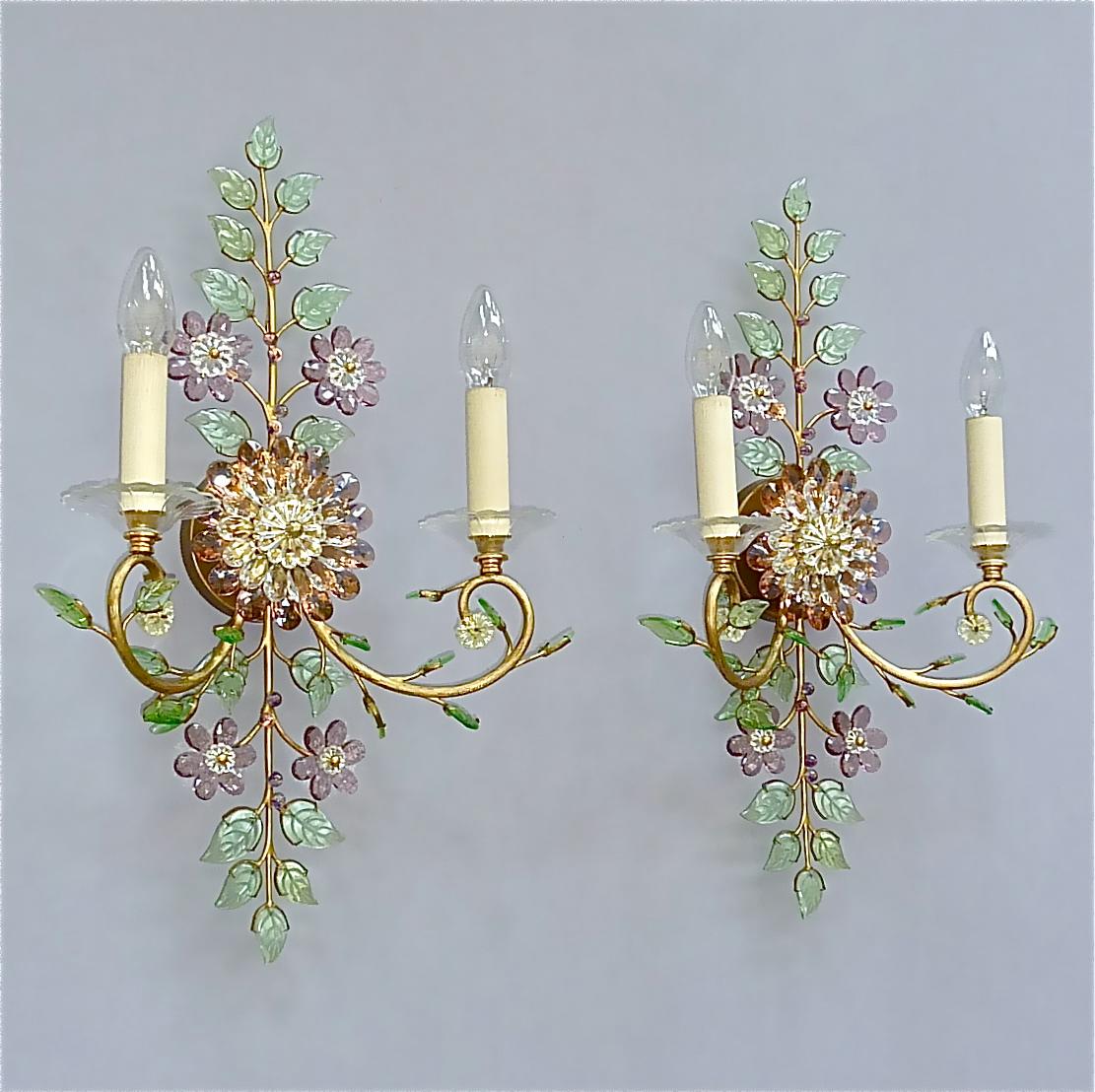 Hand-Crafted Large Signed Pair Palwa Flower Leaf Sconces Gilt Faceted Crystal Glass Bagues