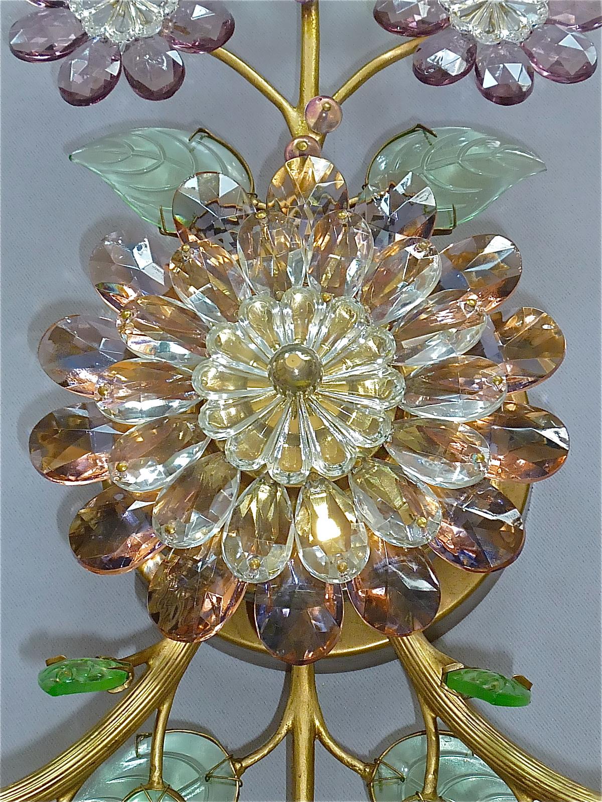 Mid-20th Century Large Signed Pair Palwa Flower Leaf Sconces Gilt Faceted Crystal Glass Bagues