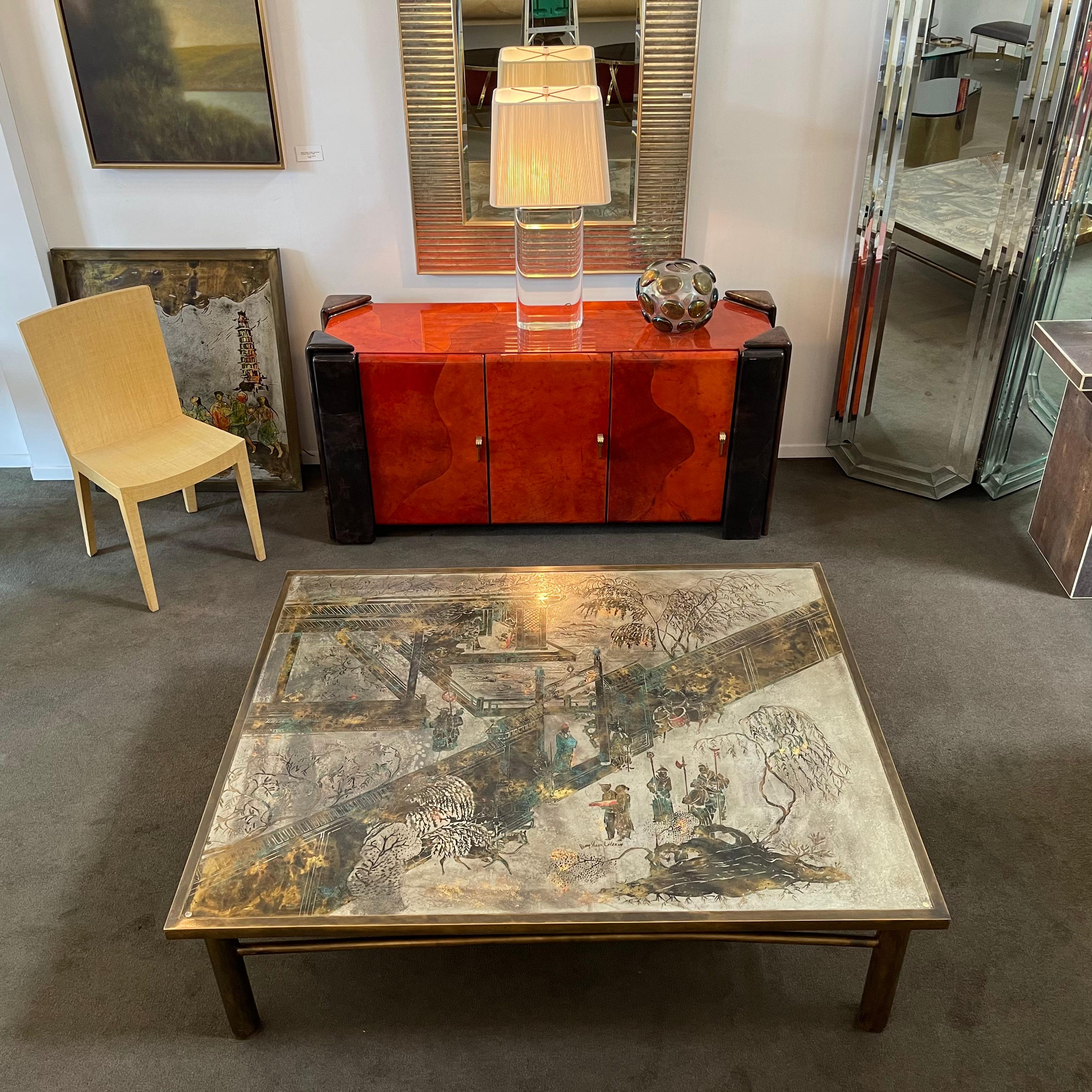 Signed, Philip and Kelvin LaVerne coffee table. Etched and patinated bronze with pewter overlay. Large size measuring four feet by five feet and seventeen inches high. This is a very good example of the father and son artisan's work. From New York