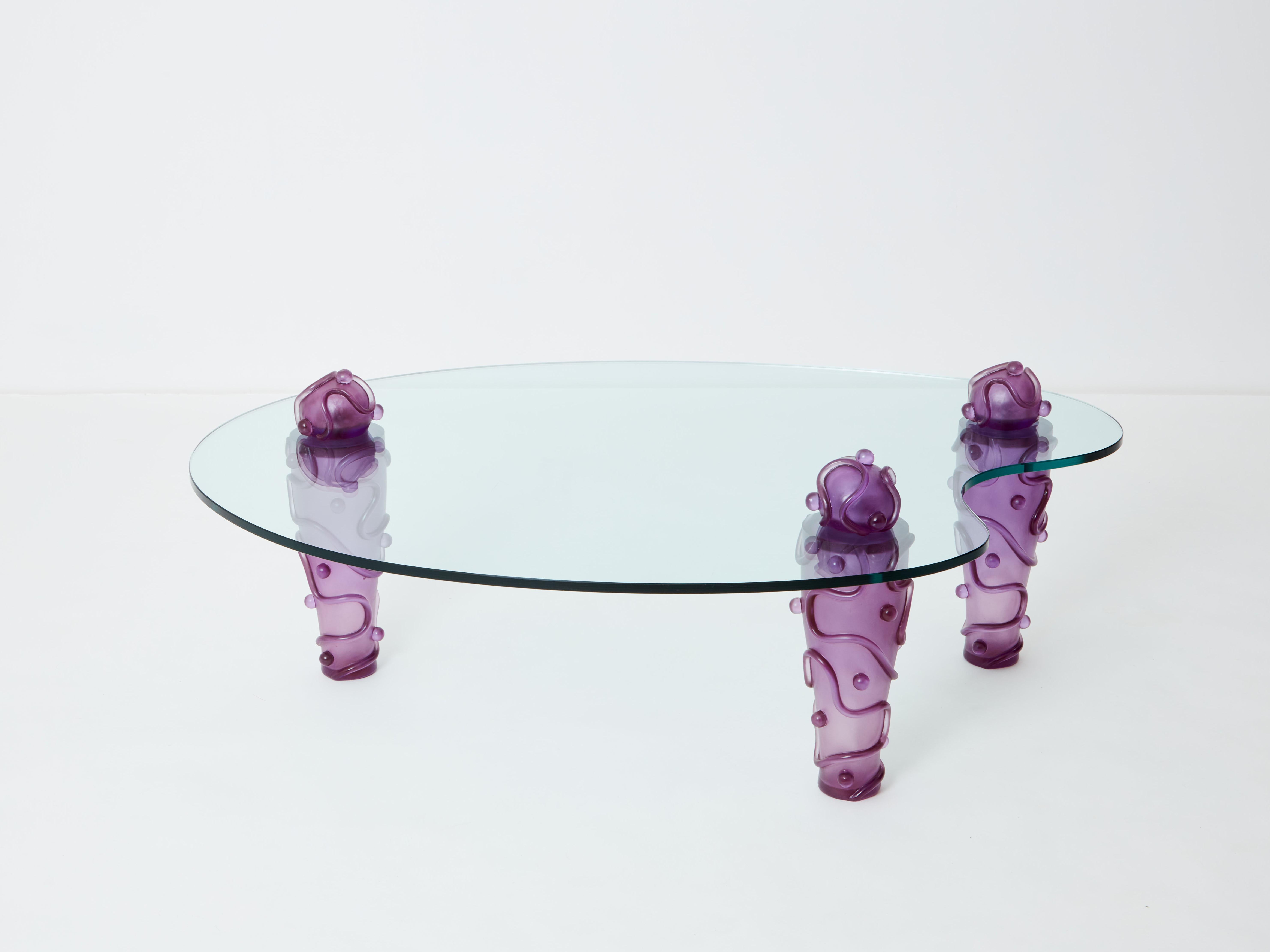 Large signed purple resin glass coffee table Garouste & Bonetti 1990s For Sale 4