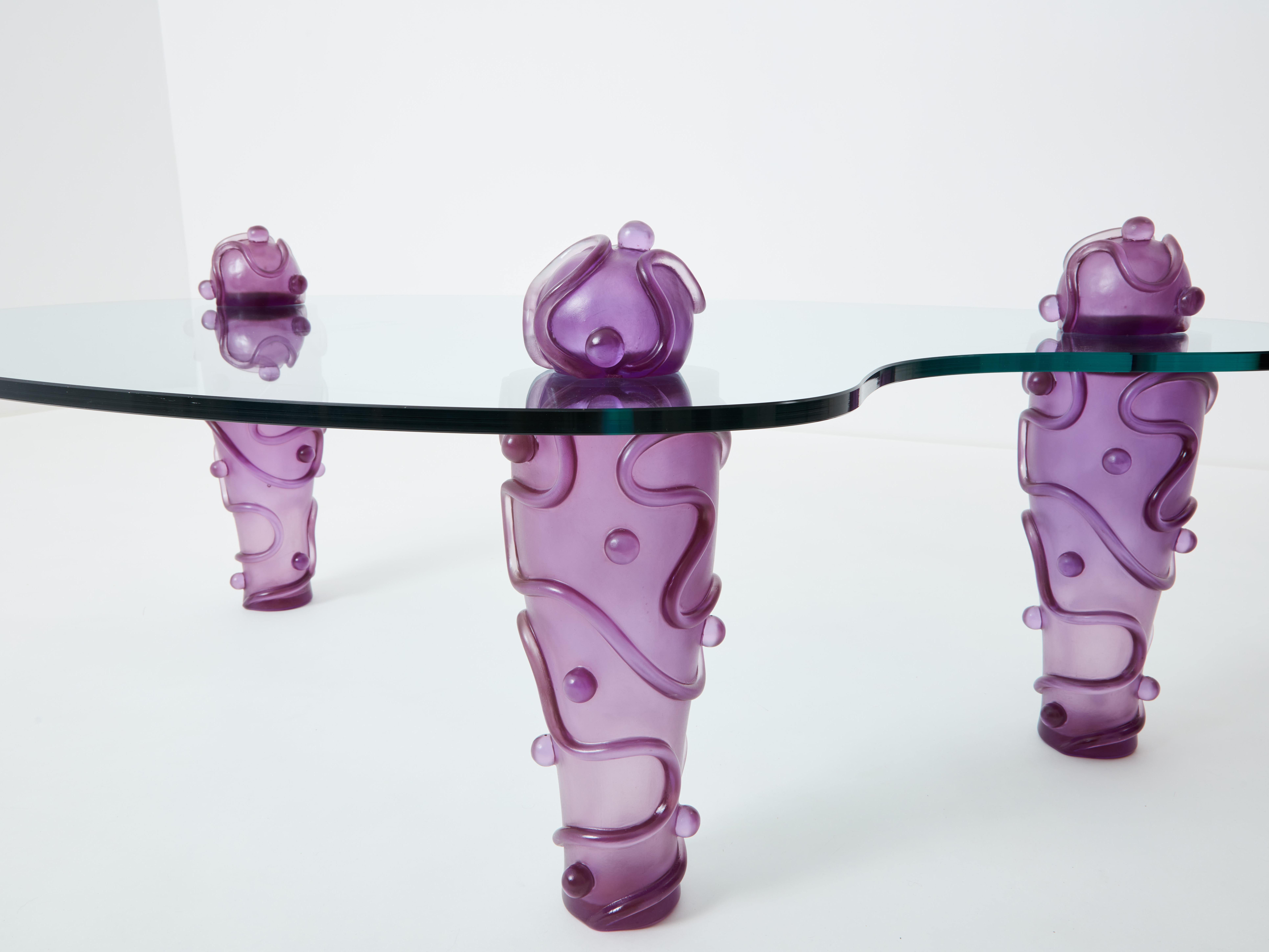 French Large signed purple resin glass coffee table Garouste & Bonetti 1990s For Sale