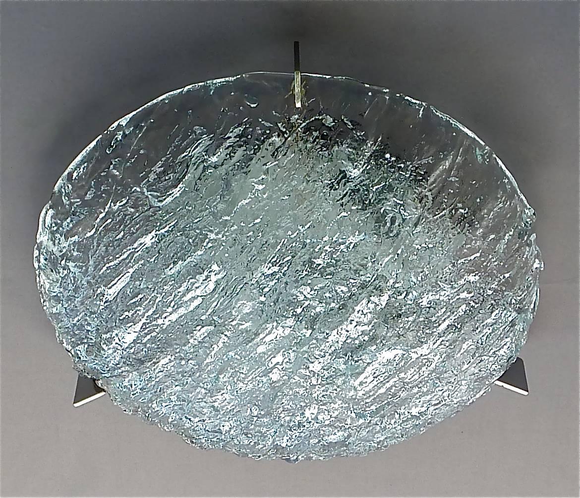 German Large Signed Round Kaiser Murano Ice Glass Flush Mount Wall Lamp Silvered Brass For Sale