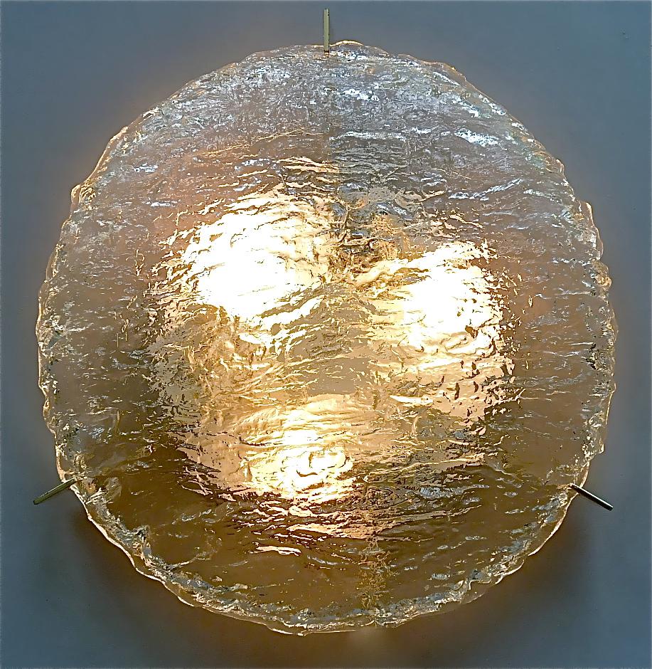 Mid-20th Century Large Signed Round Kaiser Murano Ice Glass Flush Mount Wall Lamp Silvered Brass For Sale