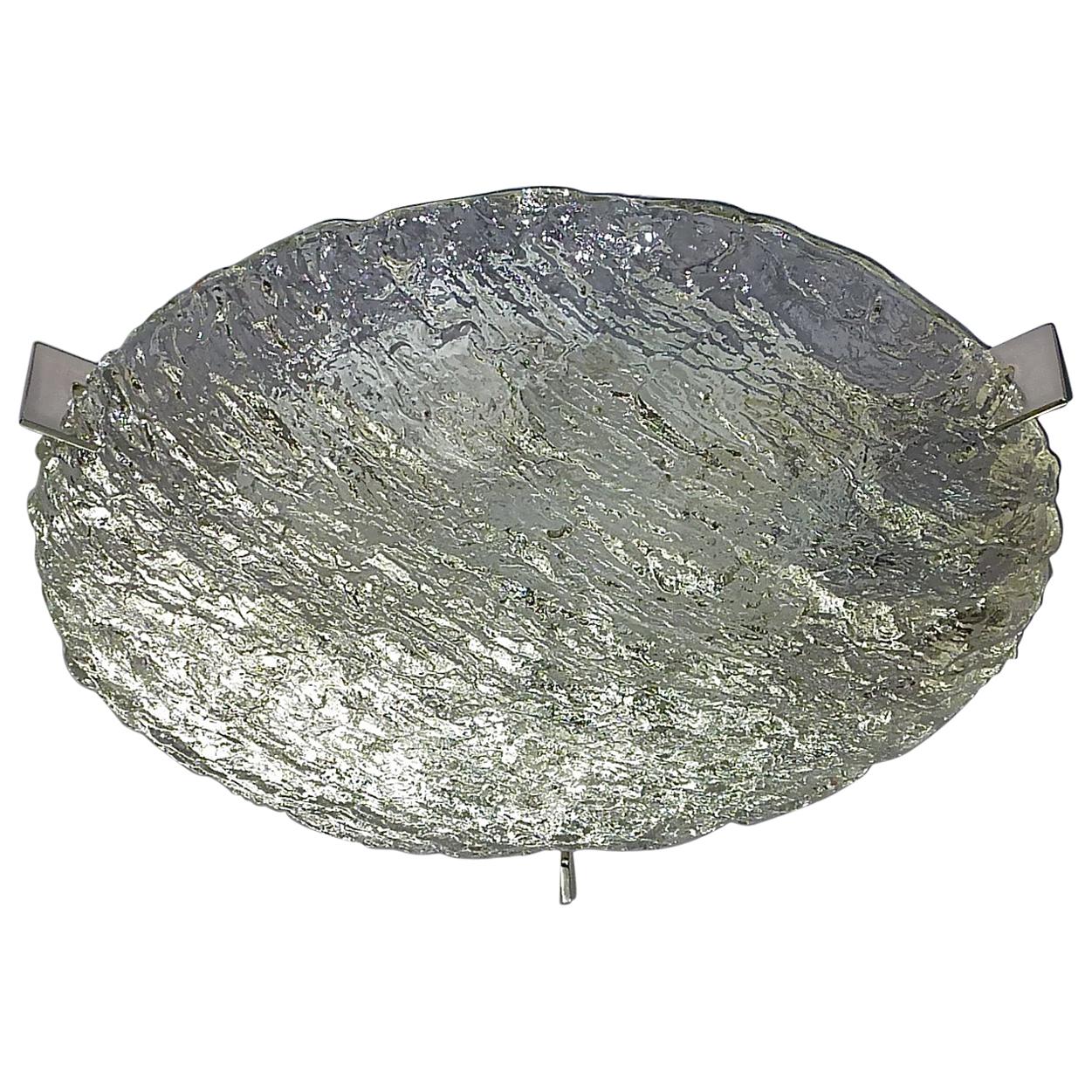 Large Signed Round Kaiser Murano Ice Glass Flush Mount Wall Lamp Silvered Brass For Sale