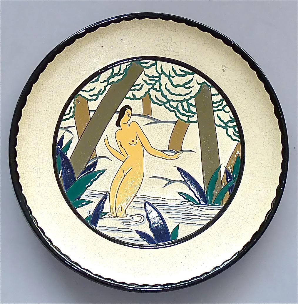 Large Signed Samara Galeries Lafayette Art Deco Ceramic Plate Bathing Nude 1920s For Sale 3