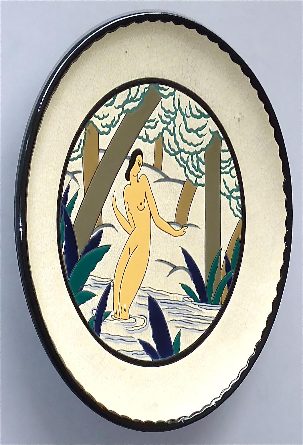 Large Signed Samara Galeries Lafayette Art Deco Ceramic Plate Bathing Nude 1920s For Sale 7