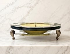 Large Signed Sculptural Art Glass Centerpiece Bowl with Brass Stand, circa 2000