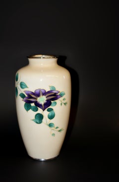 Large Signed Yukio Tamura Japanese Cloisonne Vase Clematis 10"