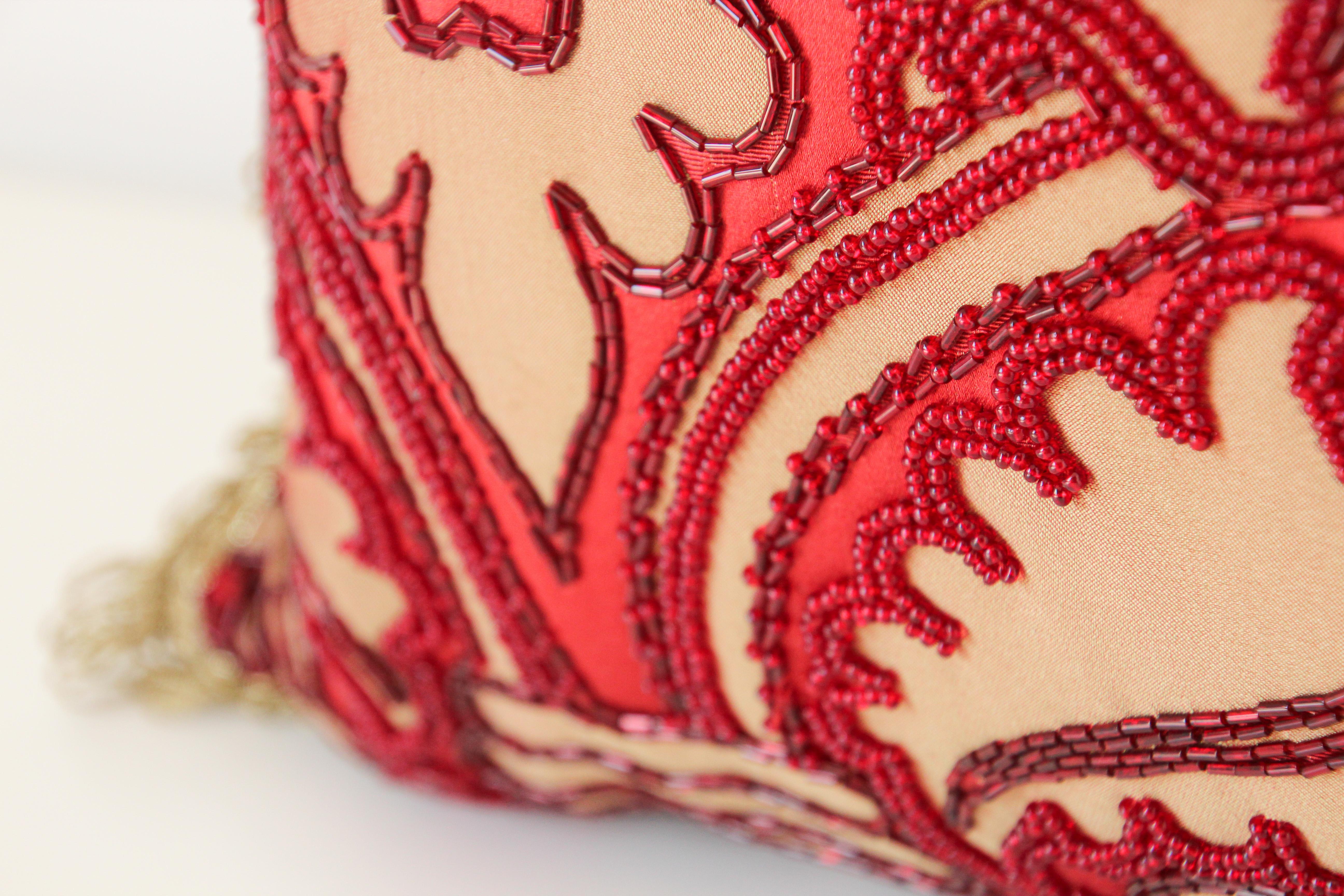 Large Silk Pillow with Metallic Red Beads 6