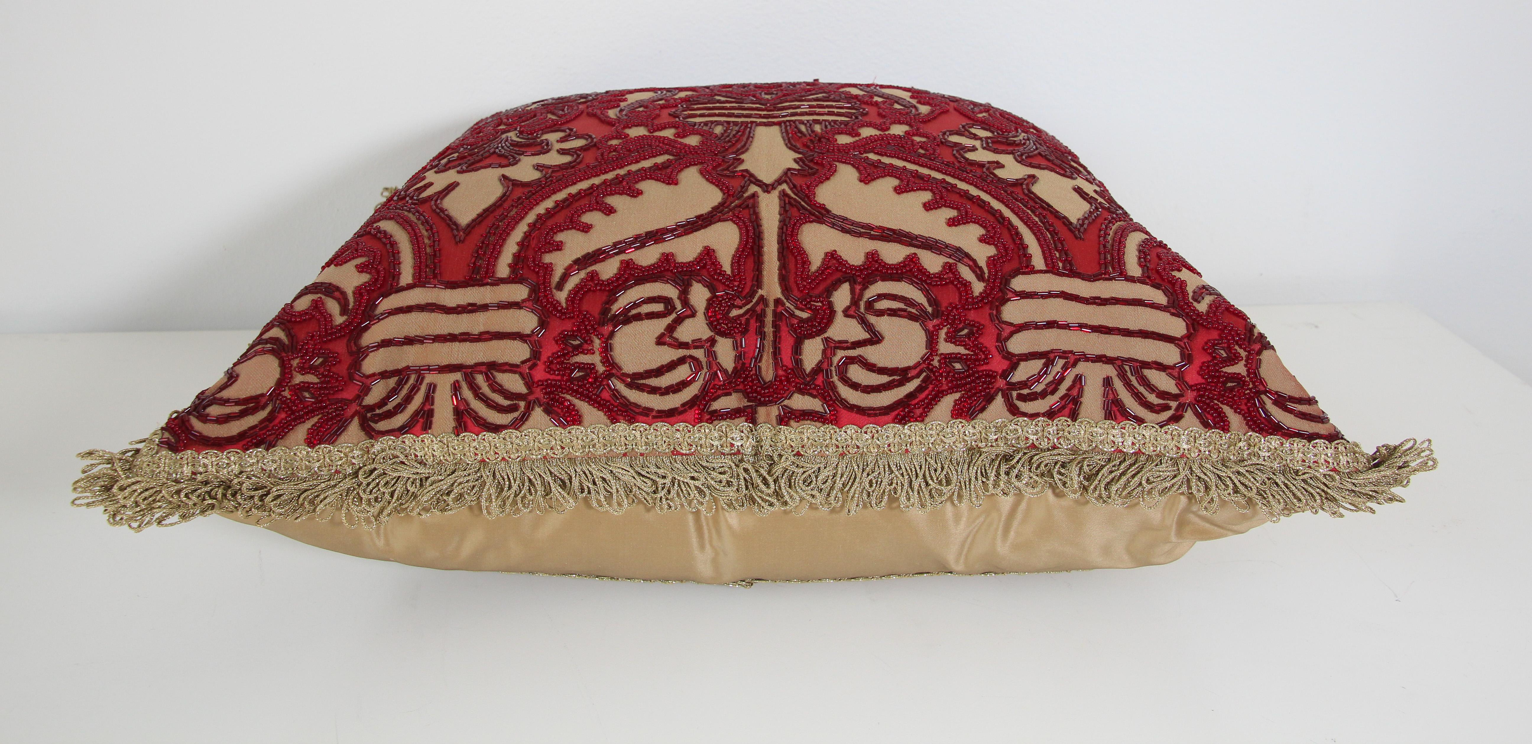 Large Silk Pillow with Metallic Red Beads 8
