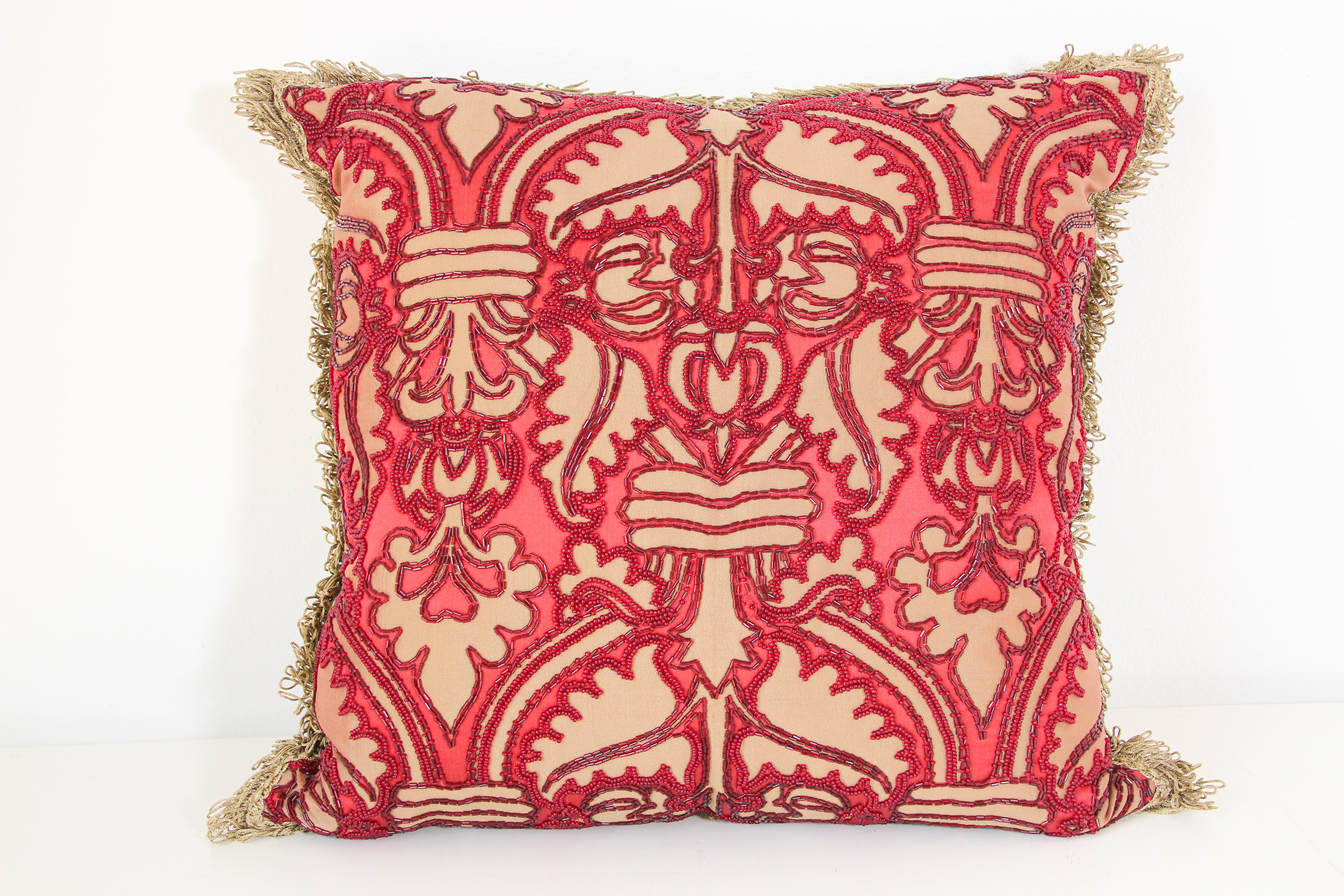 Large handmade silk pillows with metallic threads and embroidered with rich metallic and red beads.
Goose down-and-feather inserts filled and only a pair available, custom made.
Handcrafted by Morison and Company, one of a kind numbered.
2