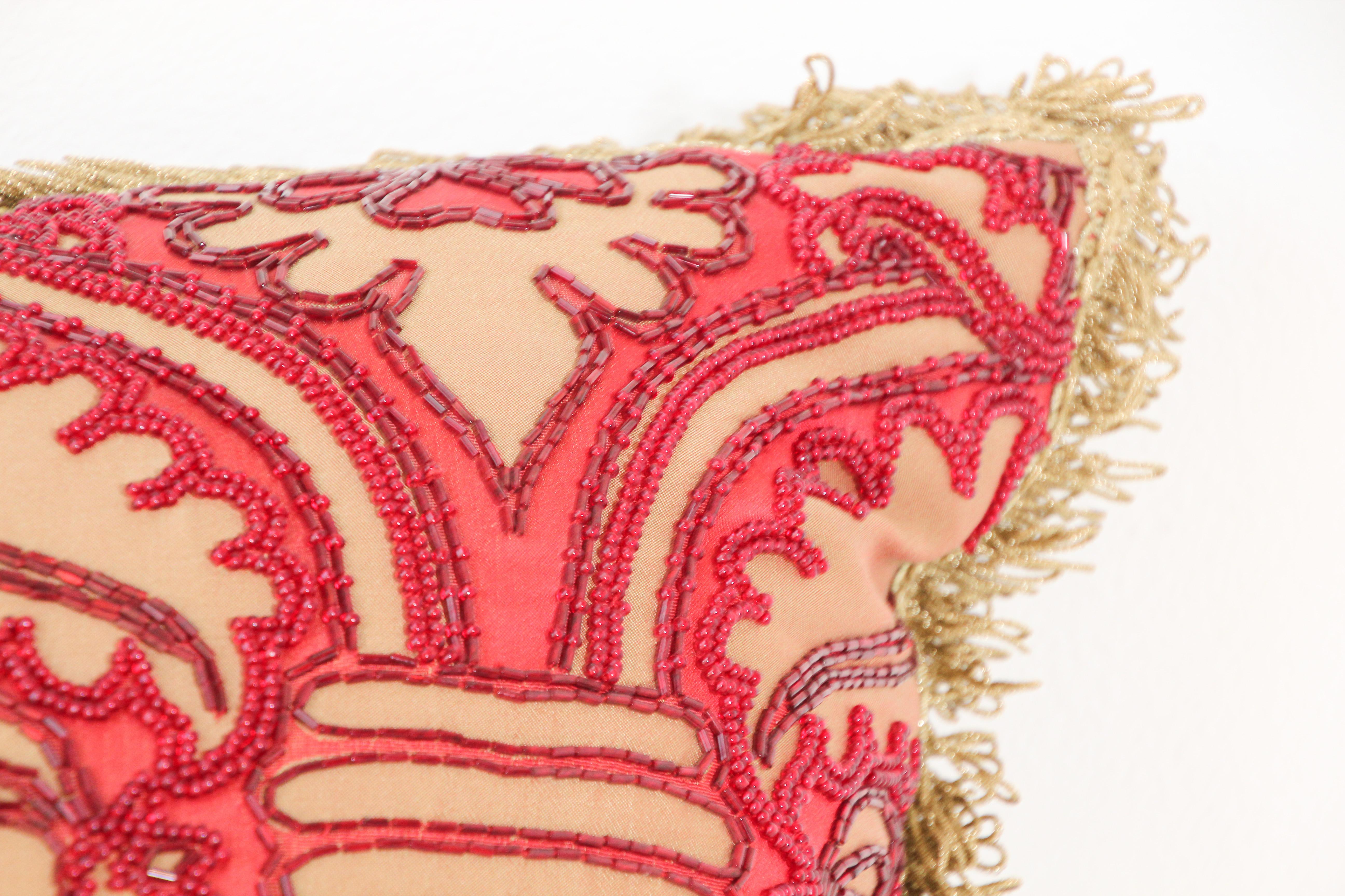 Hand-Crafted Large Silk Pillow with Metallic Red Beads