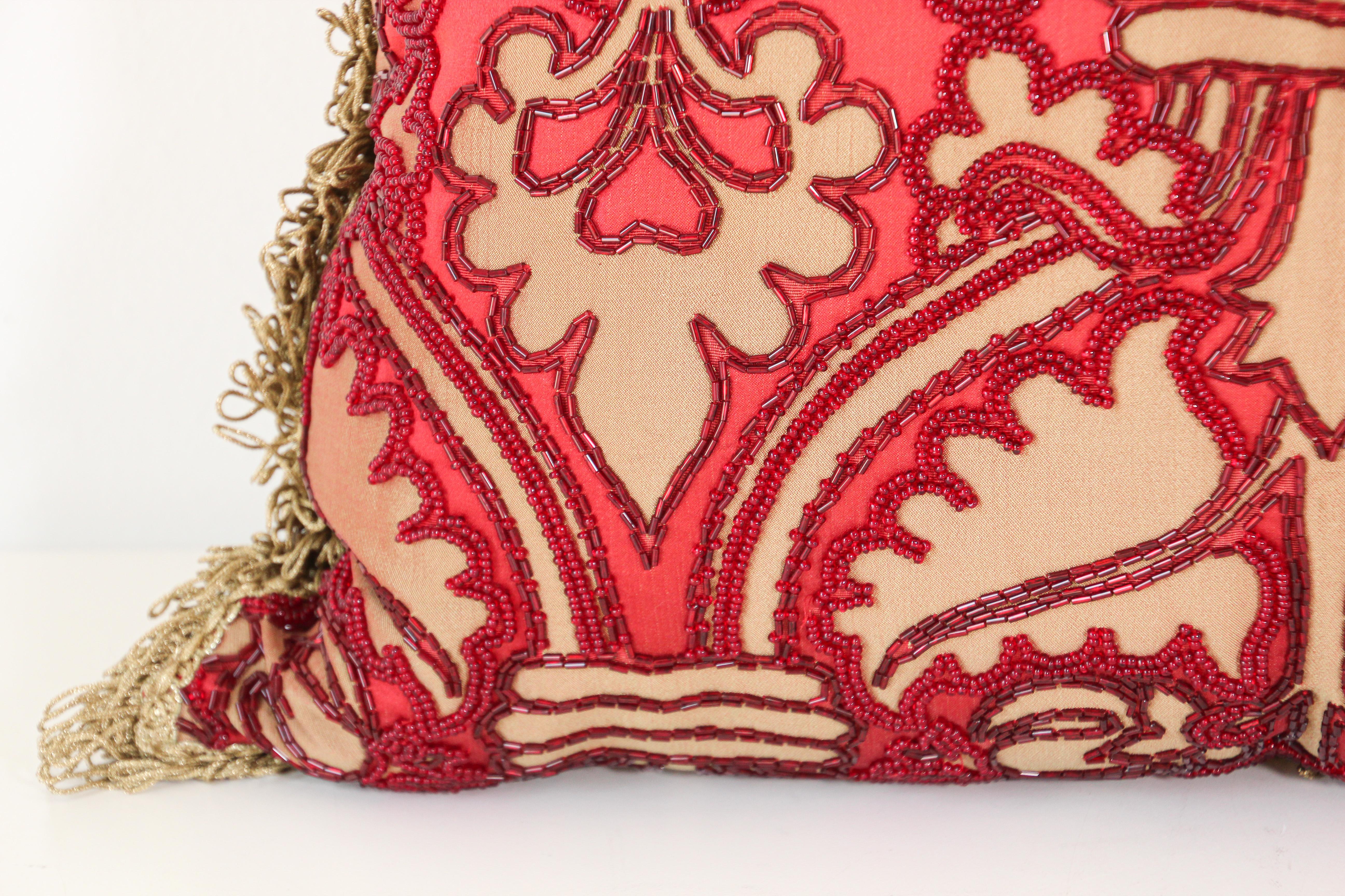 20th Century Large Silk Pillow with Metallic Red Beads