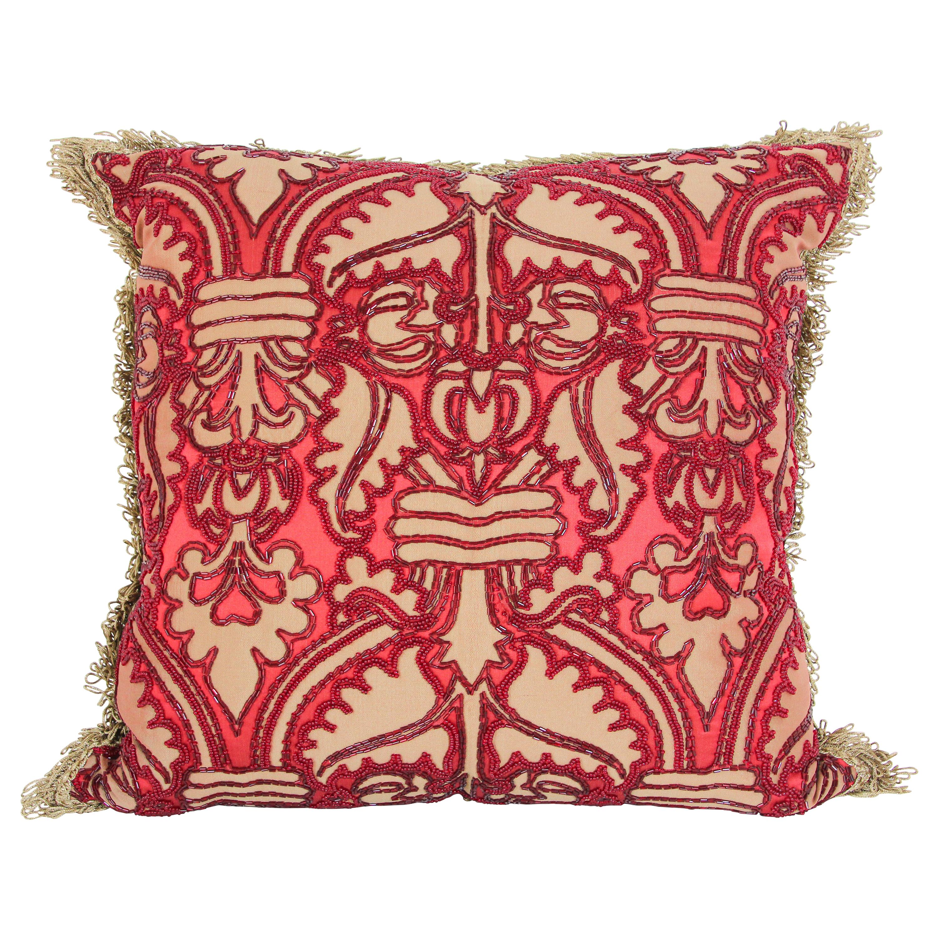 Large Silk Pillow with Metallic Red Beads