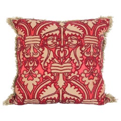 Vintage Large Silk Pillow with Metallic Red Beads