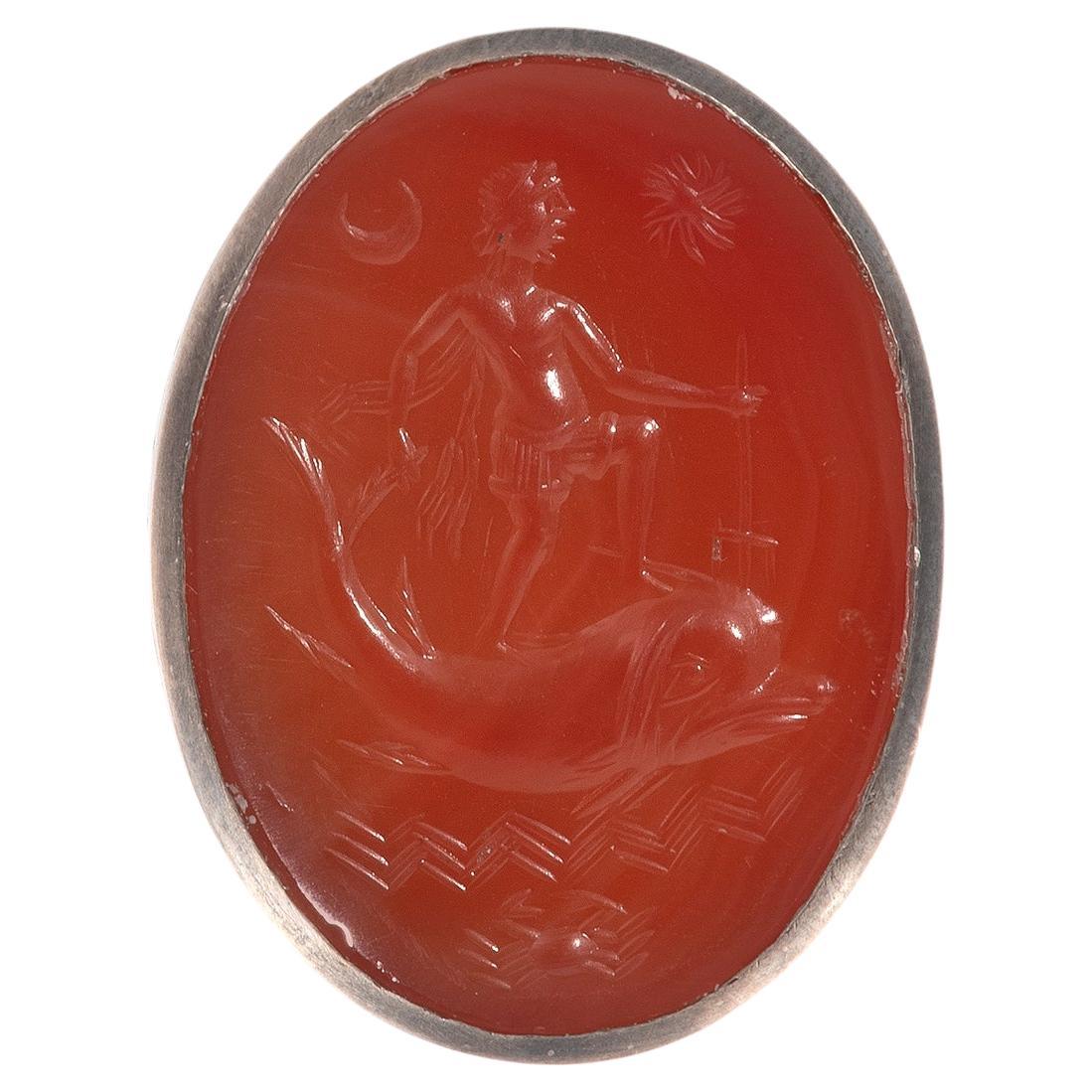 Uncut Large Silver and Carnelian Intaglio Men's Ring For Sale