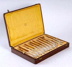 Large Silver and Gilded Metal Fruit Cutlery, Maison Moreau, Art Deco