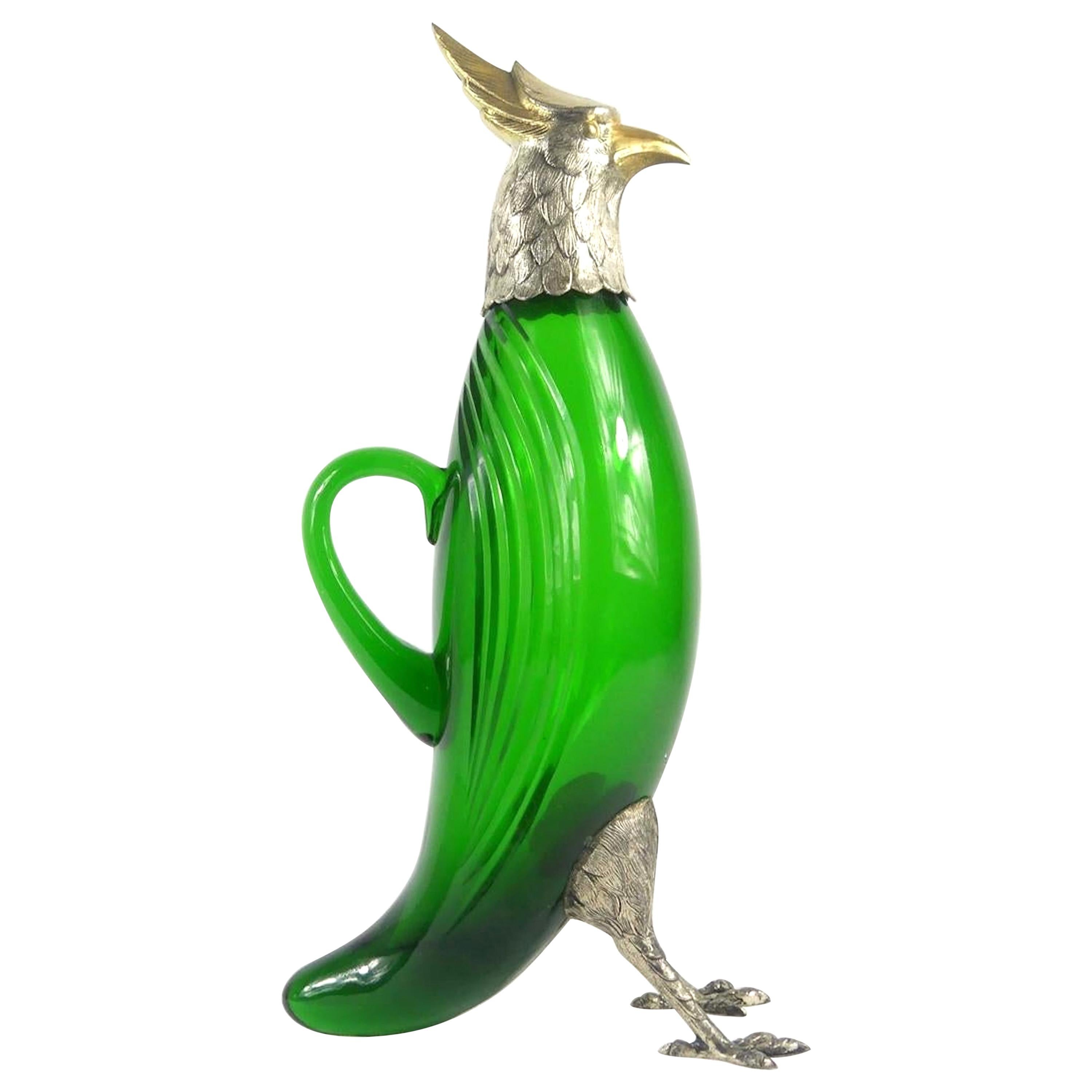 Large Silver and Vermeil Figural Green Glass Bird Decanter For Sale