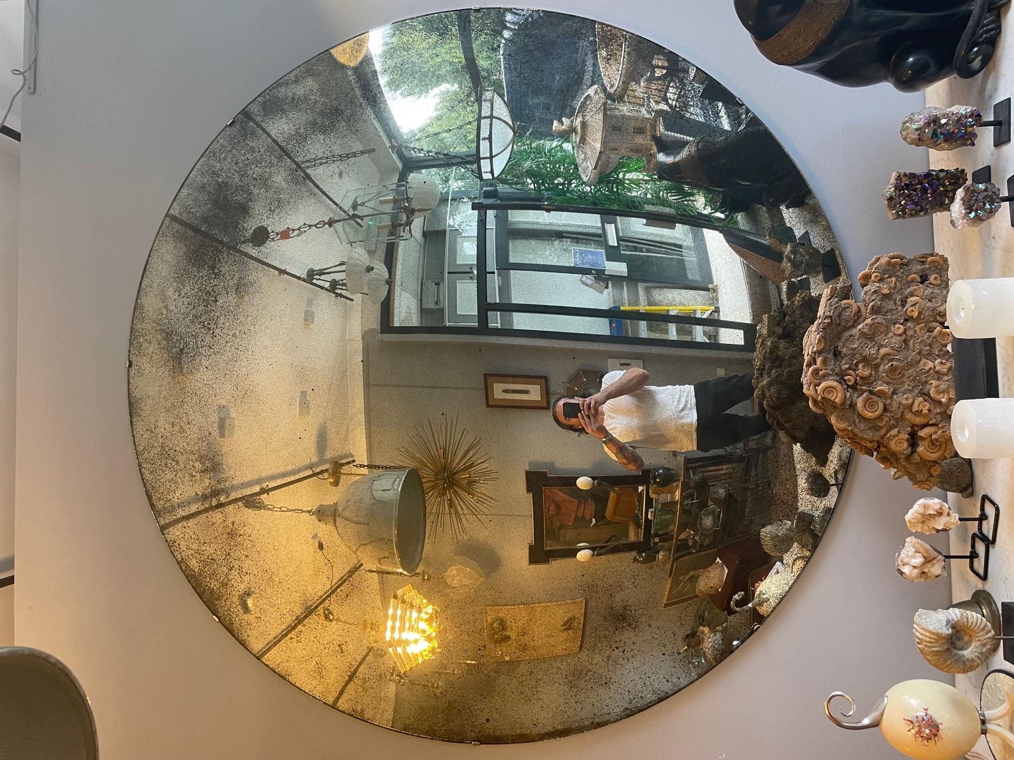 Large Silver Antiqued Convex Mirror For Sale 2