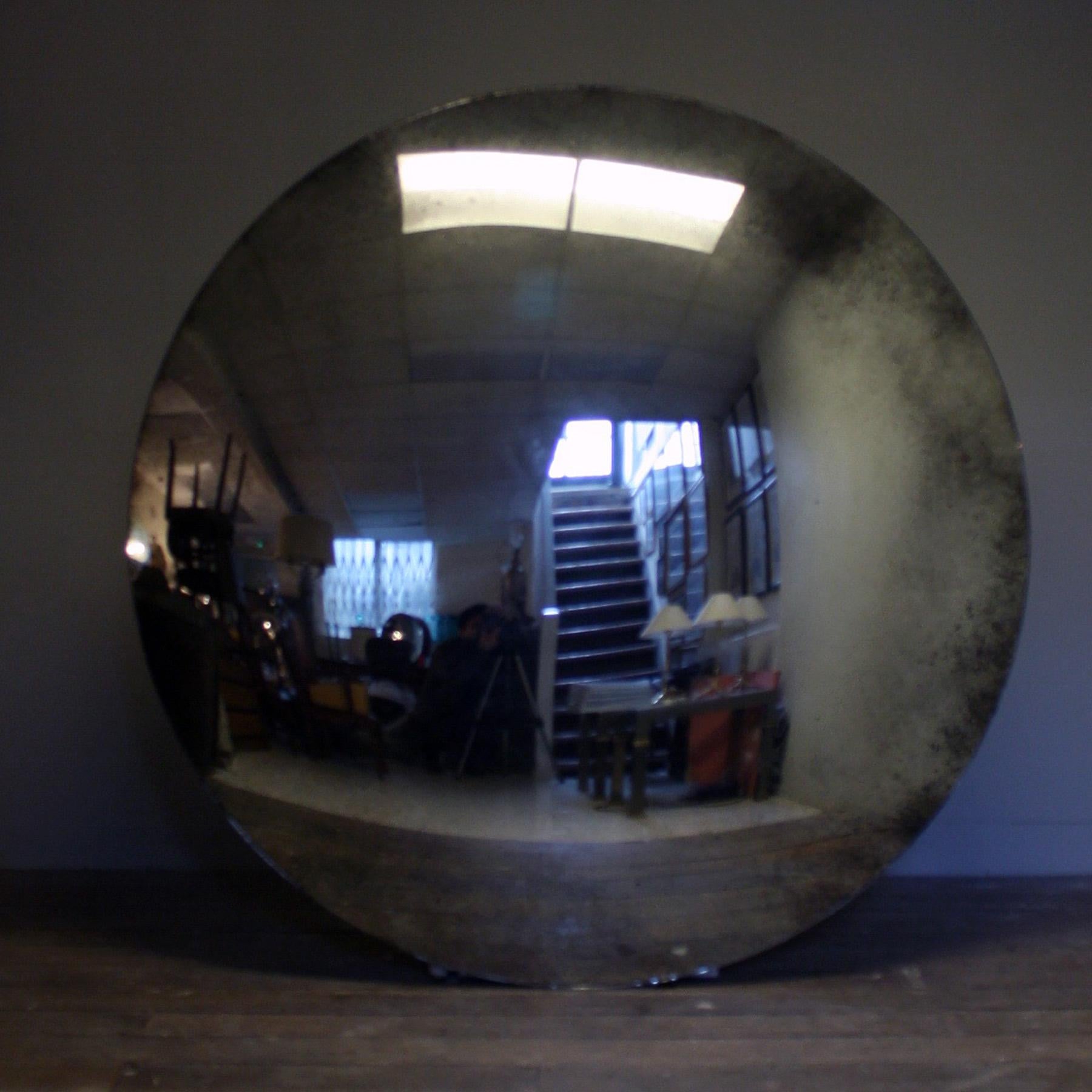 Contemporary Large Silver Antiqued Convex Mirror For Sale
