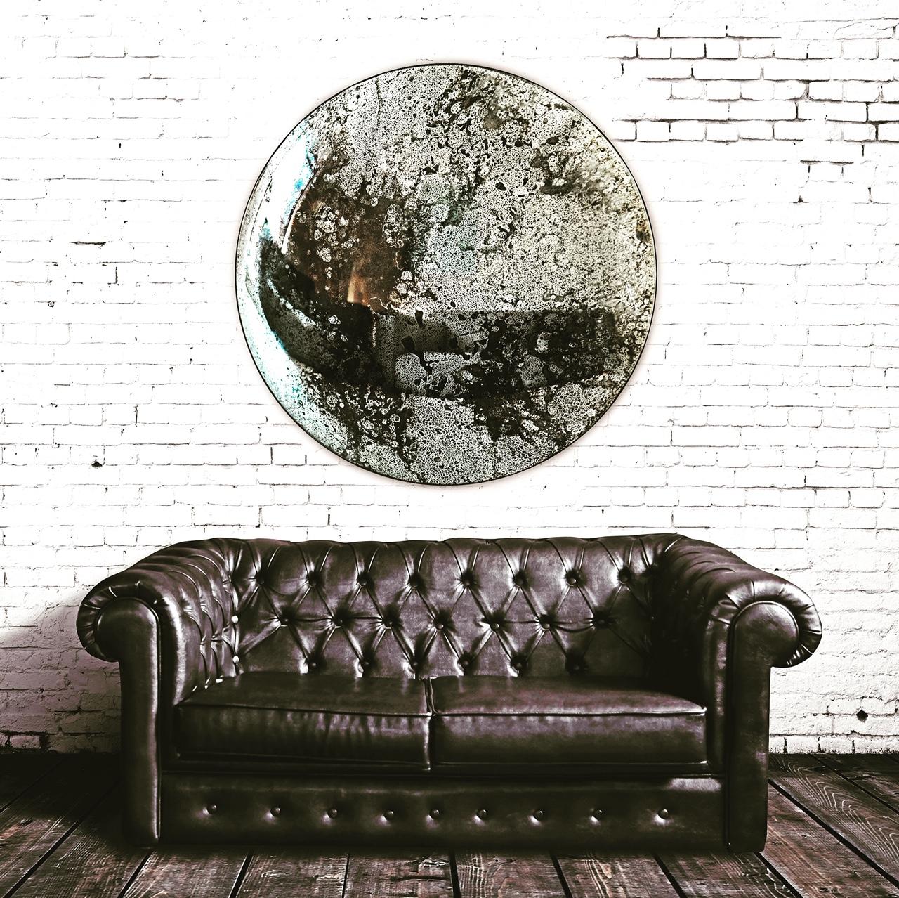 Large Silver Antiqued Convex Mirror For Sale 1
