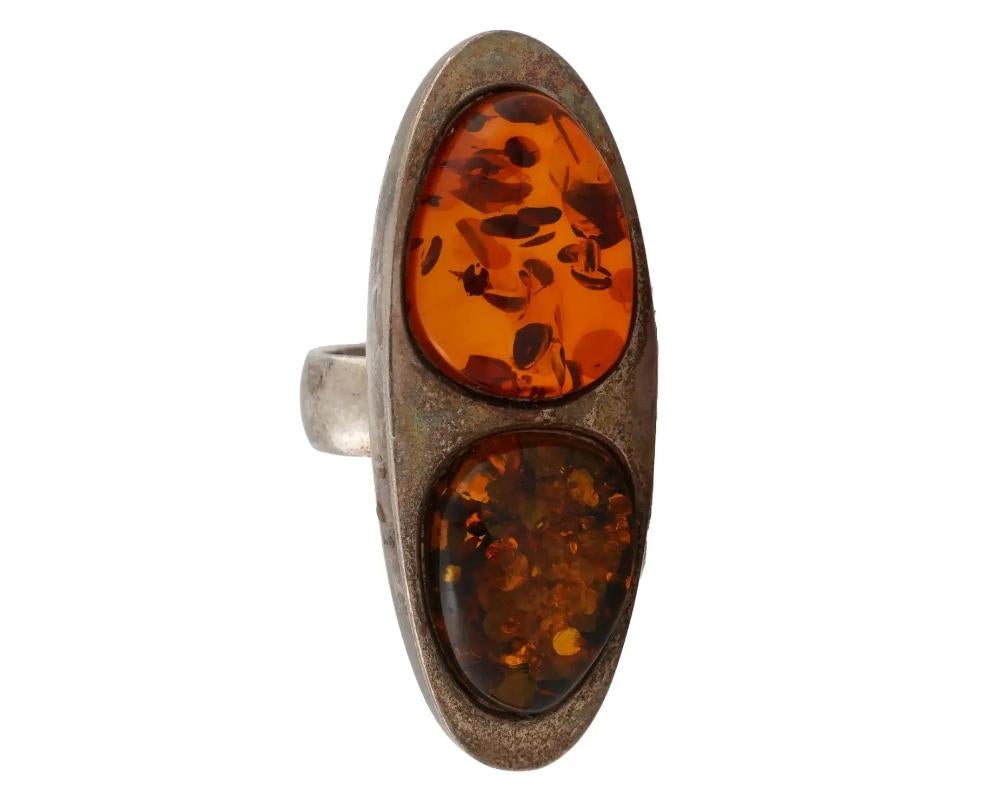 Oval Cut Large Silver Baltic Amber Stones Elongated Ring For Sale
