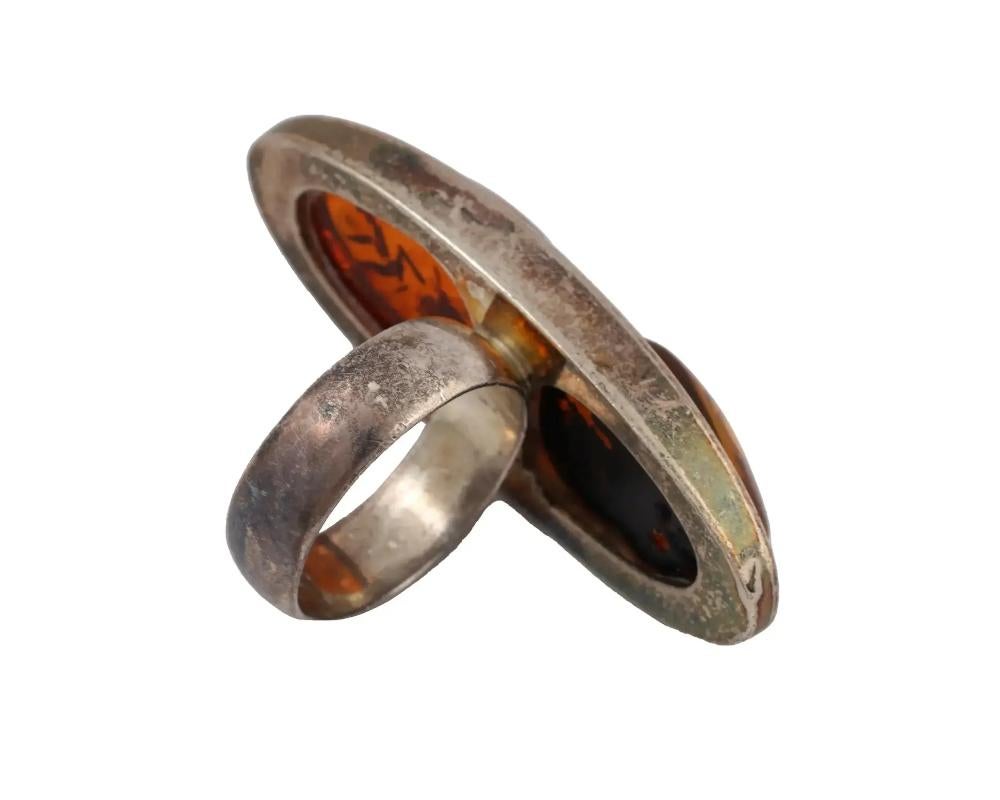 Women's Large Silver Baltic Amber Stones Elongated Ring For Sale
