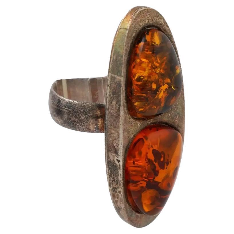 Large Silver Baltic Amber Stones Elongated Ring For Sale