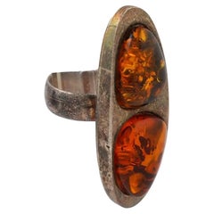 Large Silver Baltic Amber Stones Elongated Ring