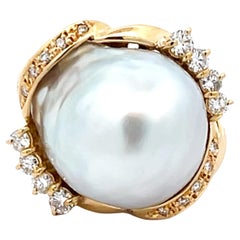 Large Silver Baroque Pearl and Diamond Retro Ring in 18K Yellow Gold