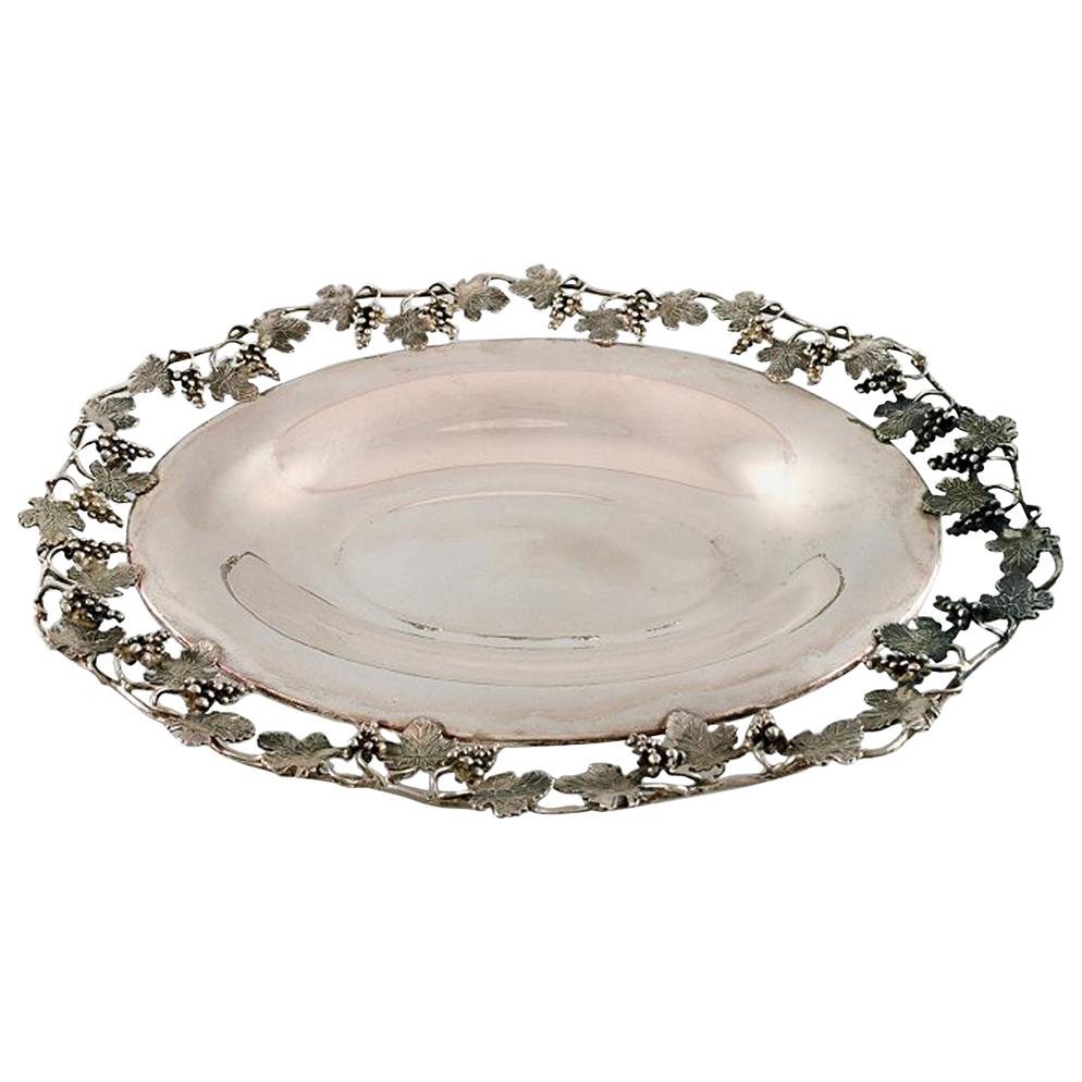 Large Silver Bowl Pierced with Grape Vines For Sale