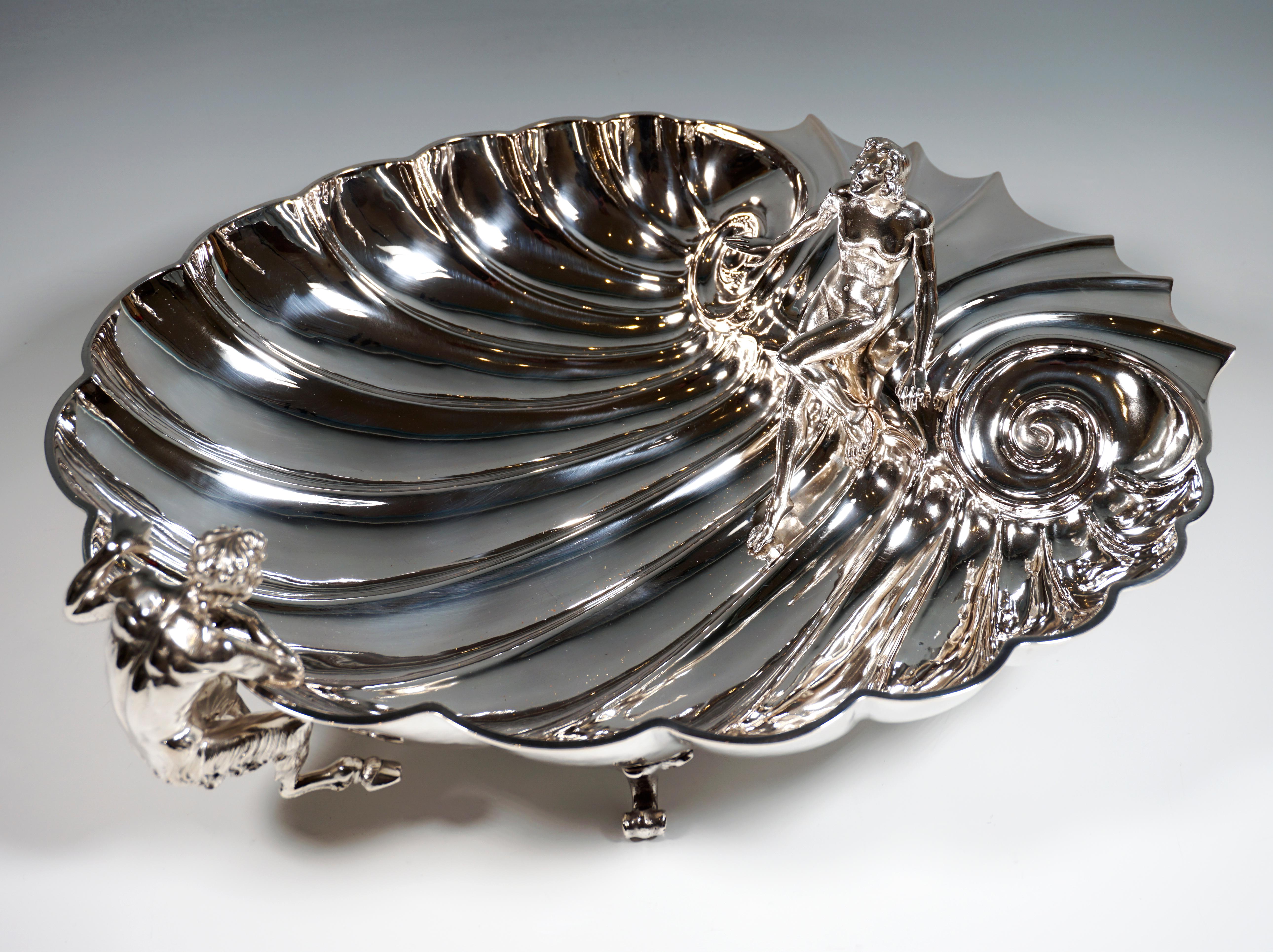 Large Silver Centerpiece Bowl, Seashell With Nymph & Faun, Italy, Mid 20th 3