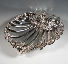 Large Silver Centerpiece Bowl, Seashell With Nymph & Faun, Italy, Mid 20th