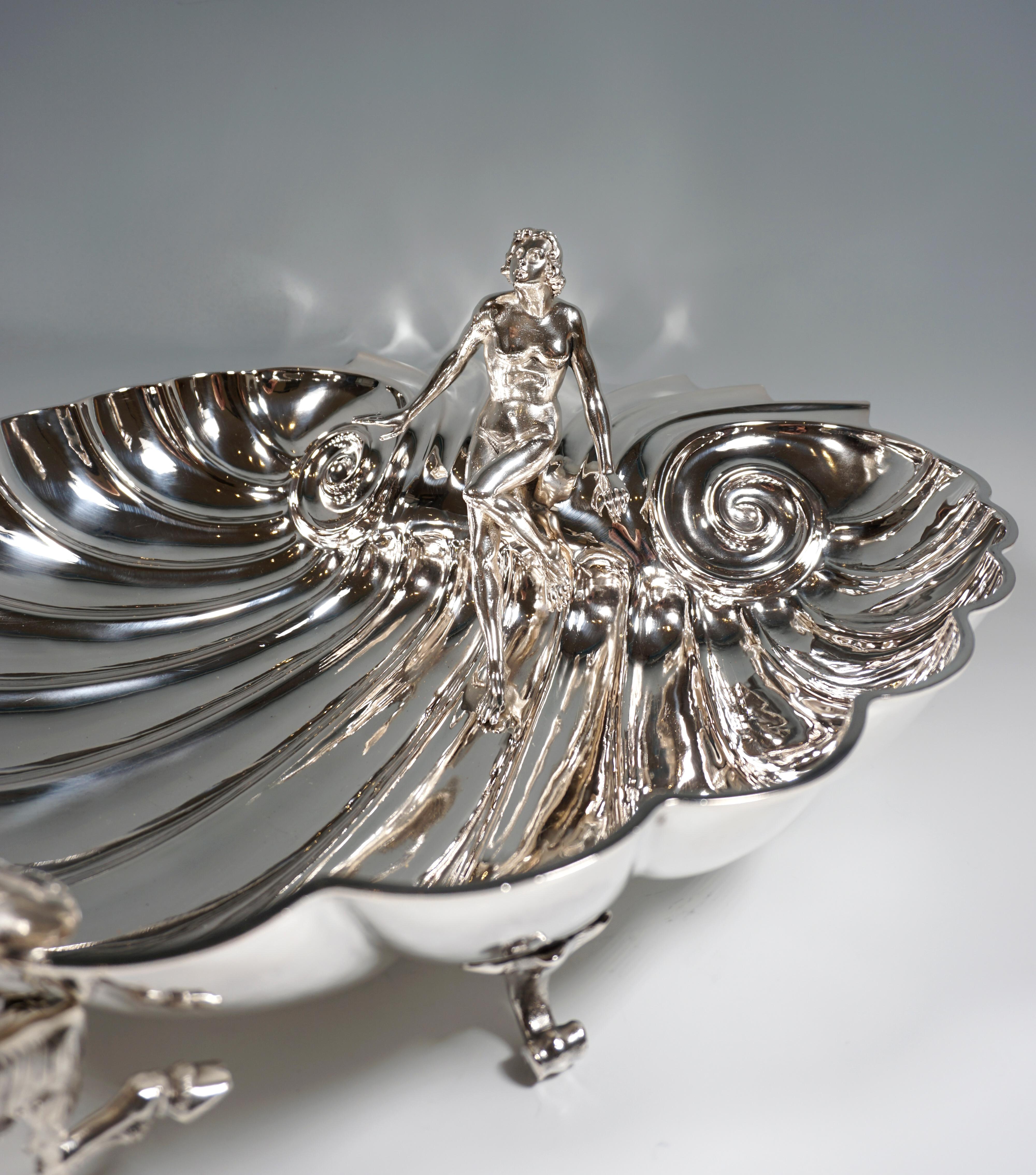 Art Deco Large Silver Centerpiece Bowl, Seashell With Nymph & Faun, Italy, Mid 20th