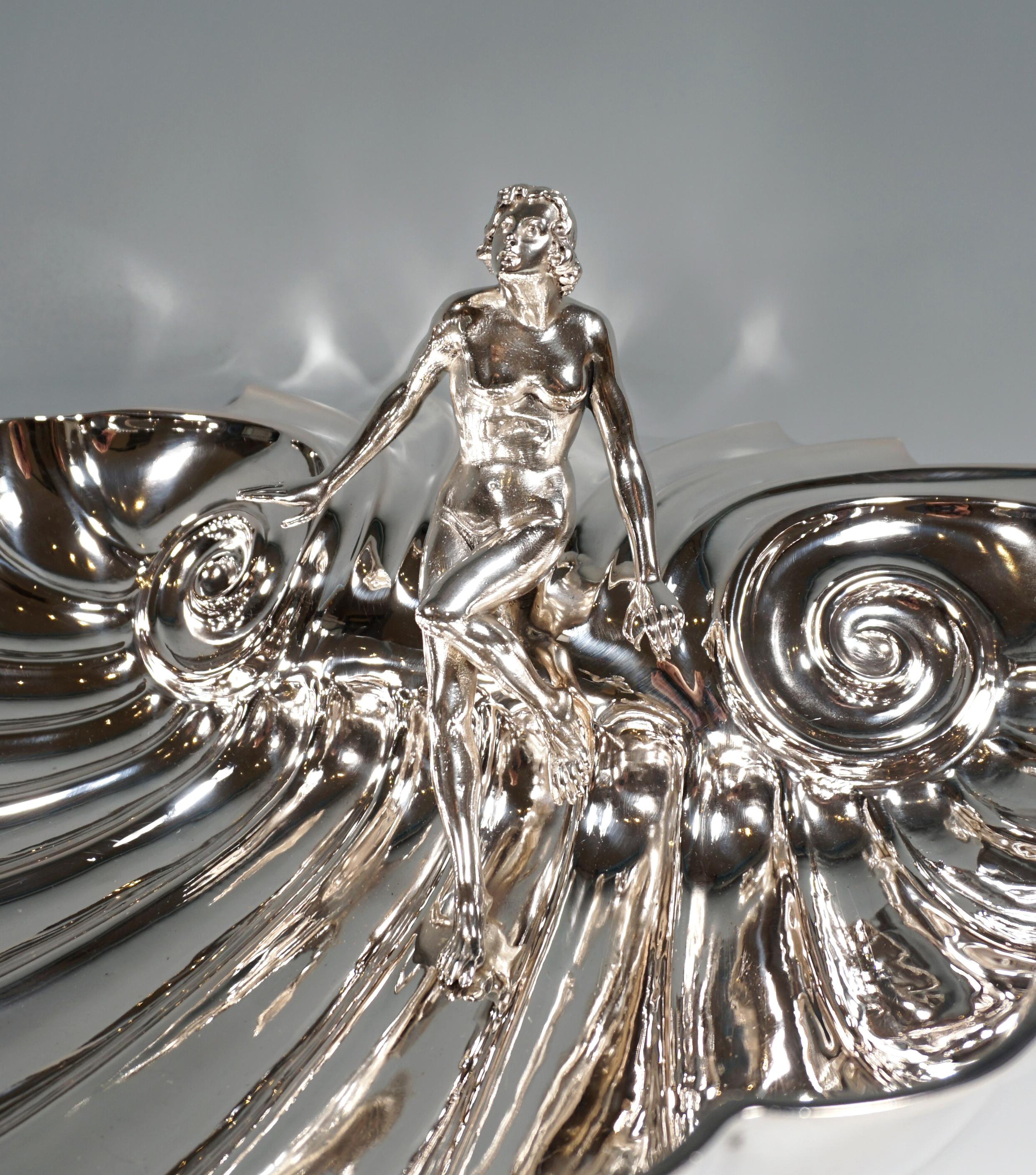 Italian Large Silver Centerpiece Bowl, Seashell With Nymph & Faun, Italy, Mid 20th