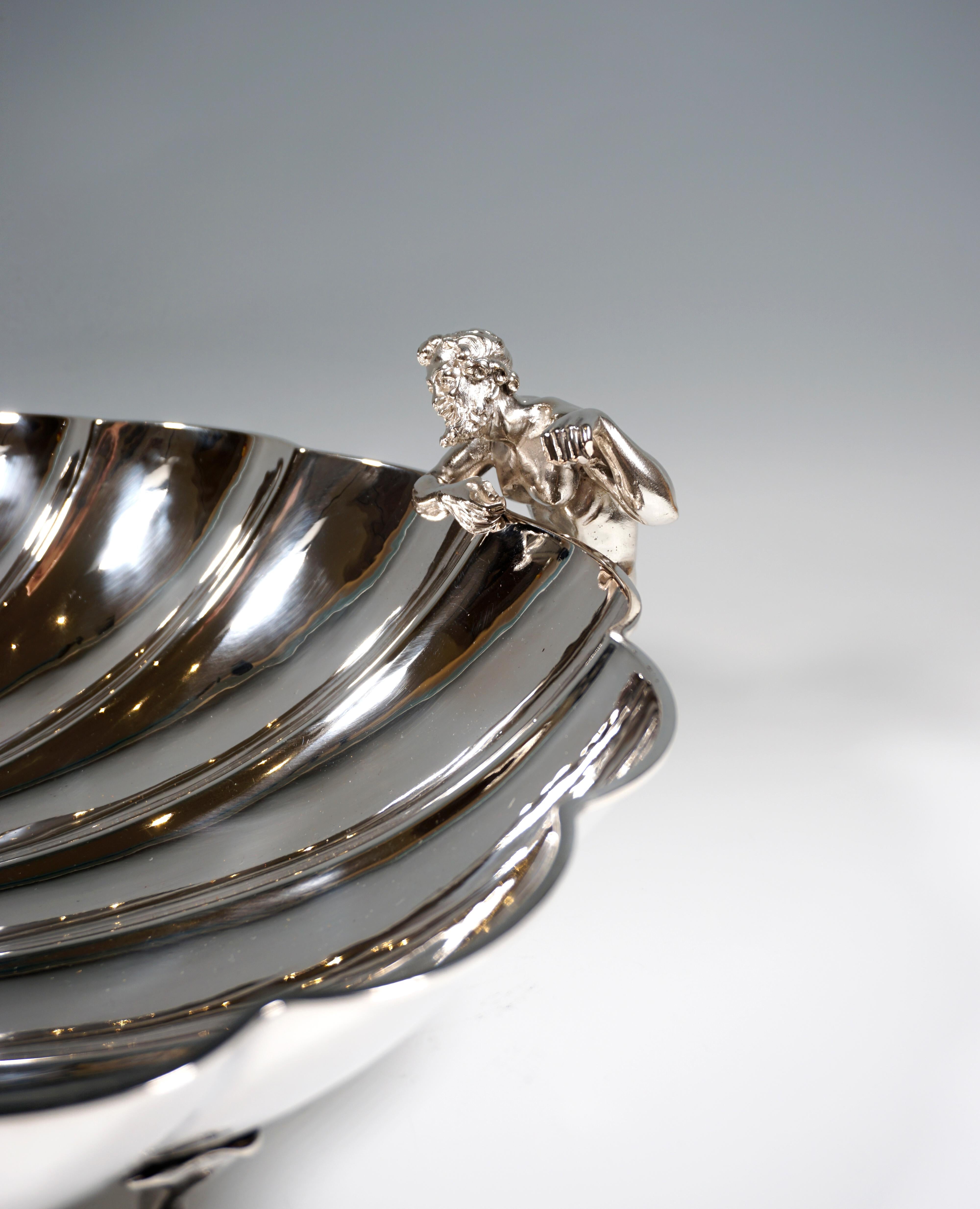 Hand-Crafted Large Silver Centerpiece Bowl, Seashell With Nymph & Faun, Italy, Mid 20th