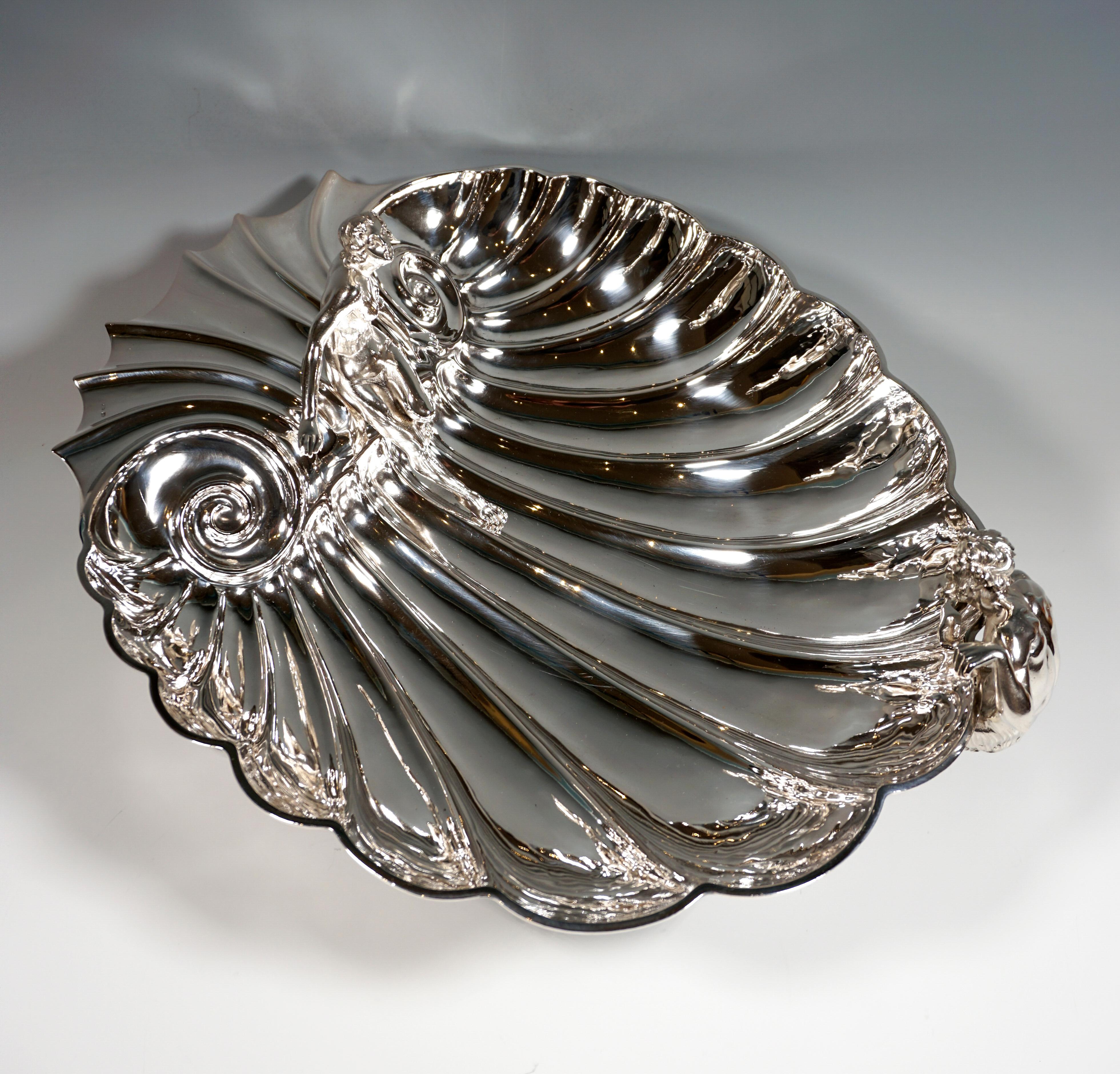 Mid-19th Century Large Silver Centerpiece Bowl, Seashell With Nymph & Faun, Italy, Mid 20th