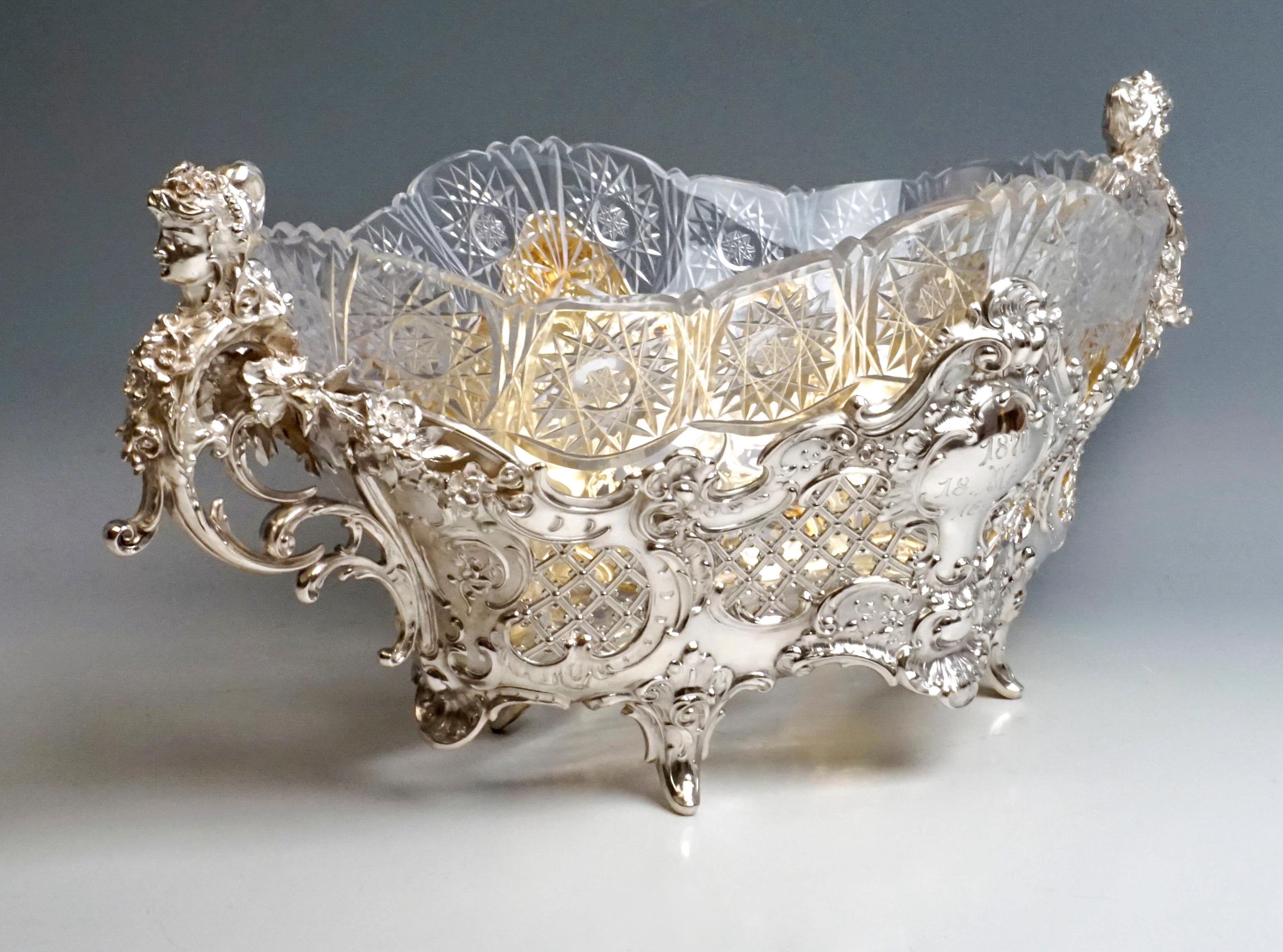 Late Victorian Large Silver Centerpiece Historicism Flower Bowl With Glass Liner, Germany, 1895