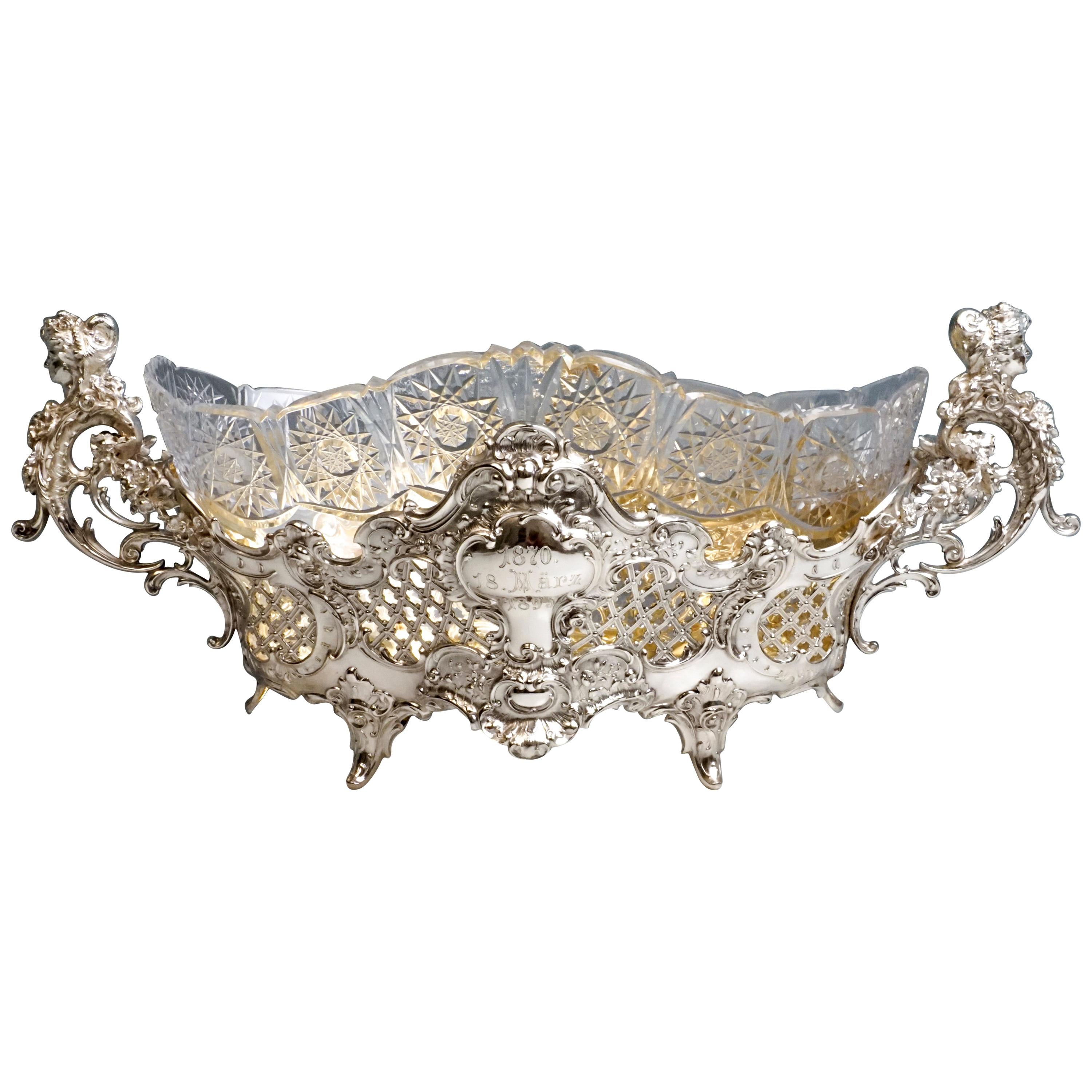 Large Silver Centerpiece Historicism Flower Bowl With Glass Liner, Germany, 1895