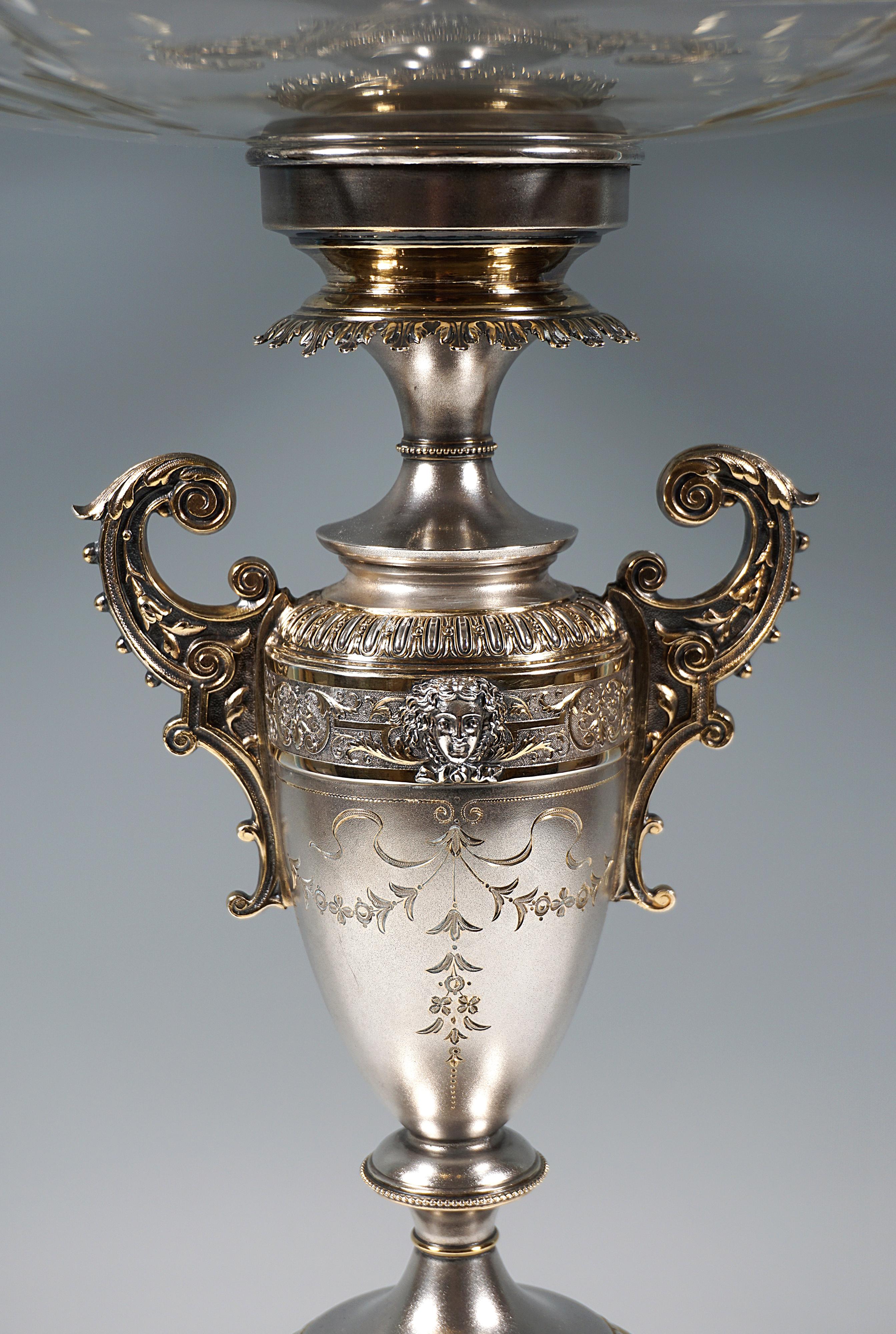 Faceted Large Silver Centerpiece Orig. Glass Bowl, Koch & Bergfeld, Germany, ca 1885