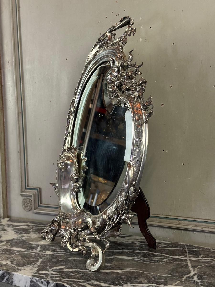Large silver dressing table mirror, circa 1890, Master Silversmith Wolfer Brothe In Excellent Condition For Sale In Honnelles, WHT